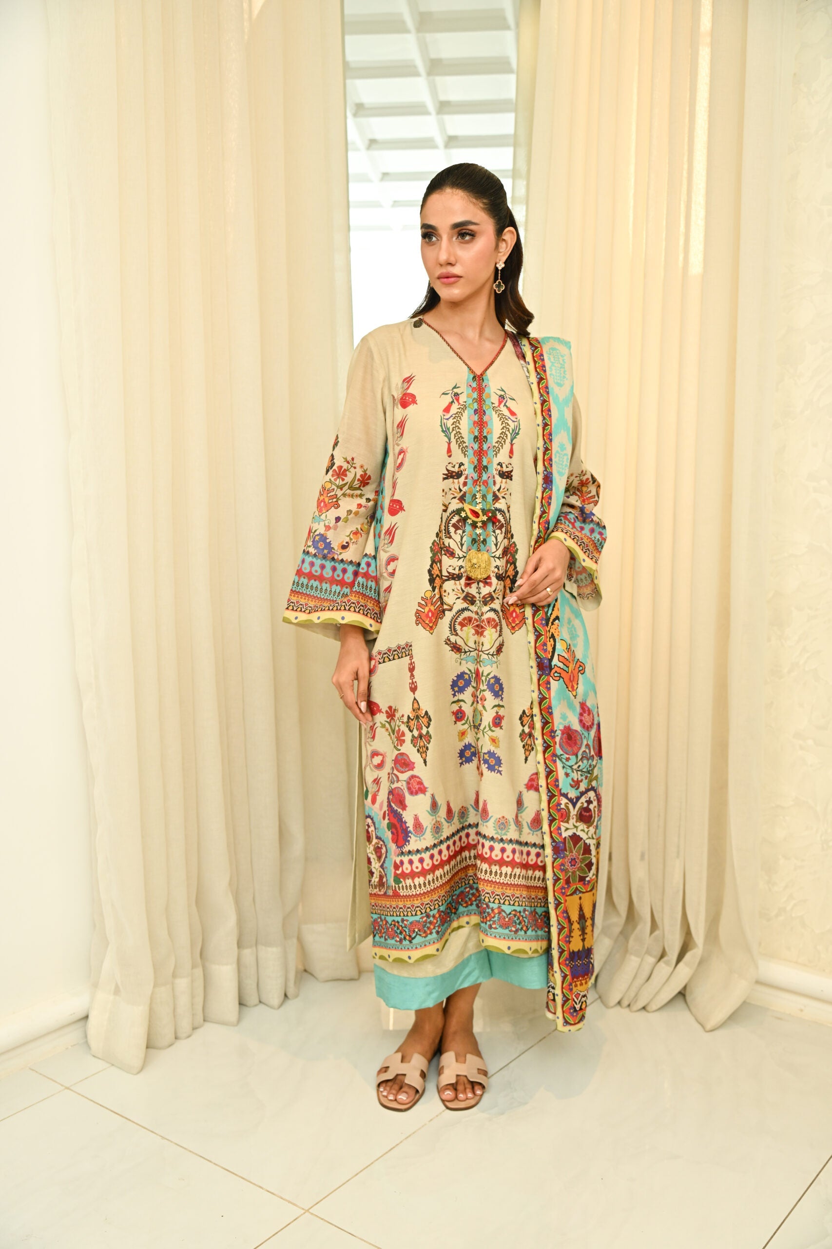 Beige Bohemian Print Swiss Cotton Kurta & Pant Set