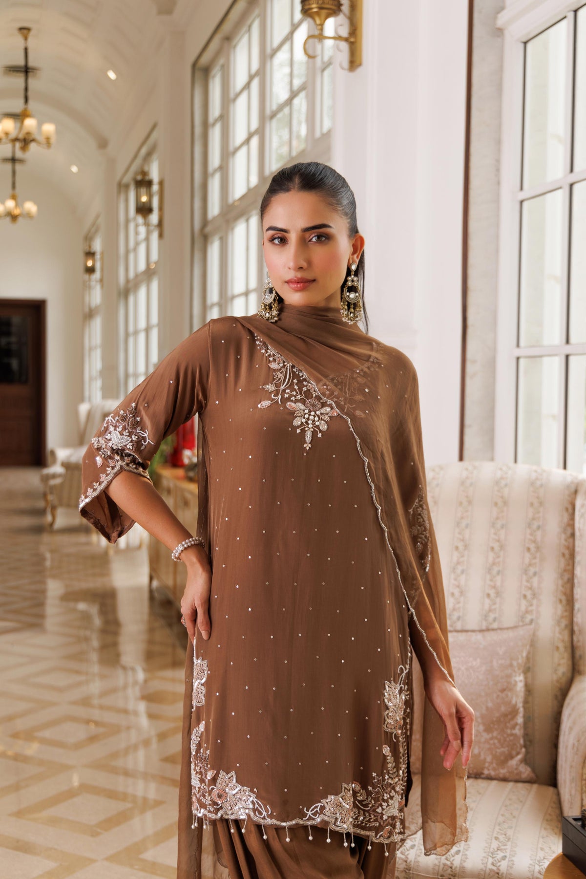 Warm Mocha Embellished Crepe Silk Salwar Set