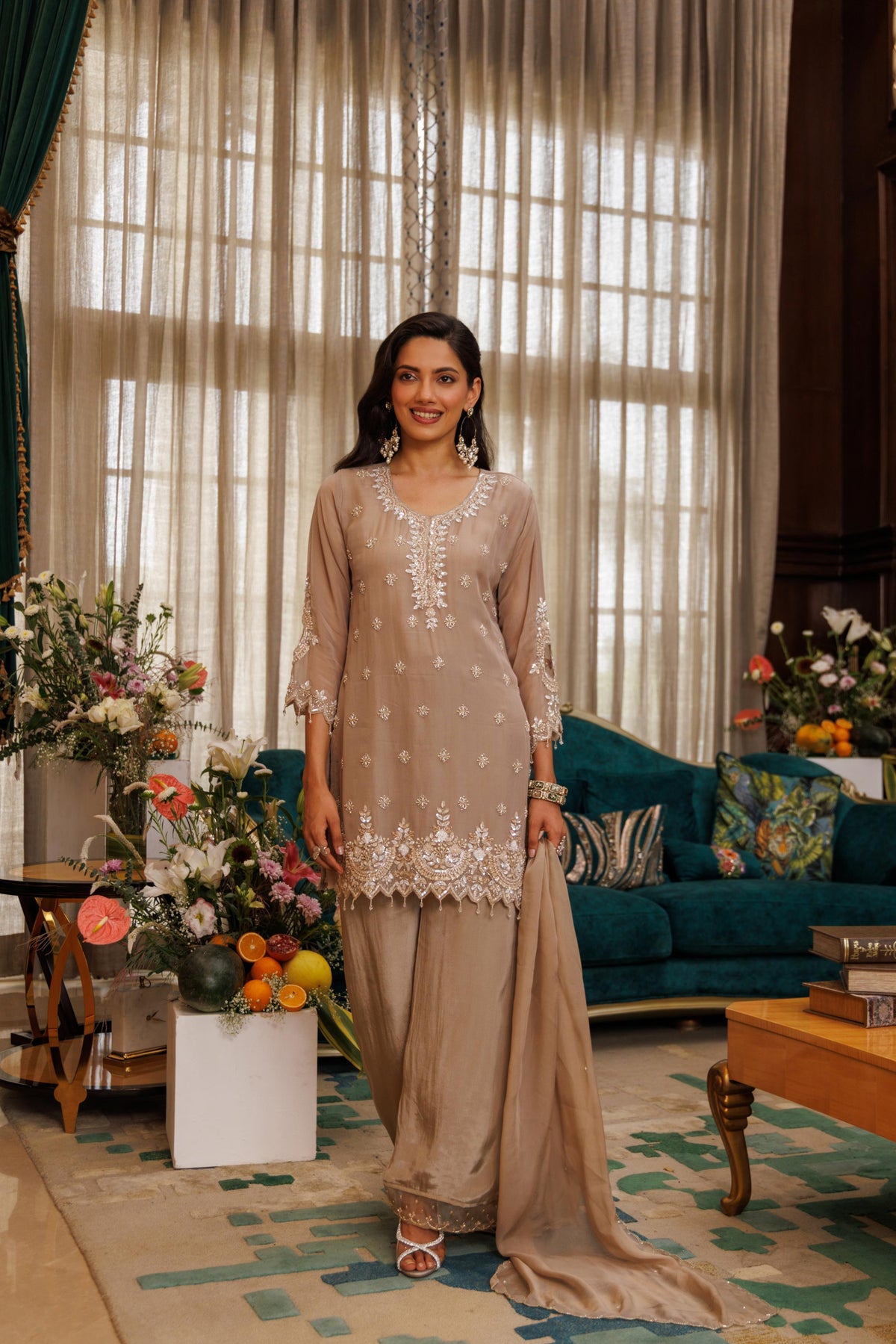 Mushroom Beige Embellished Crepe Silk Palazzo Set
