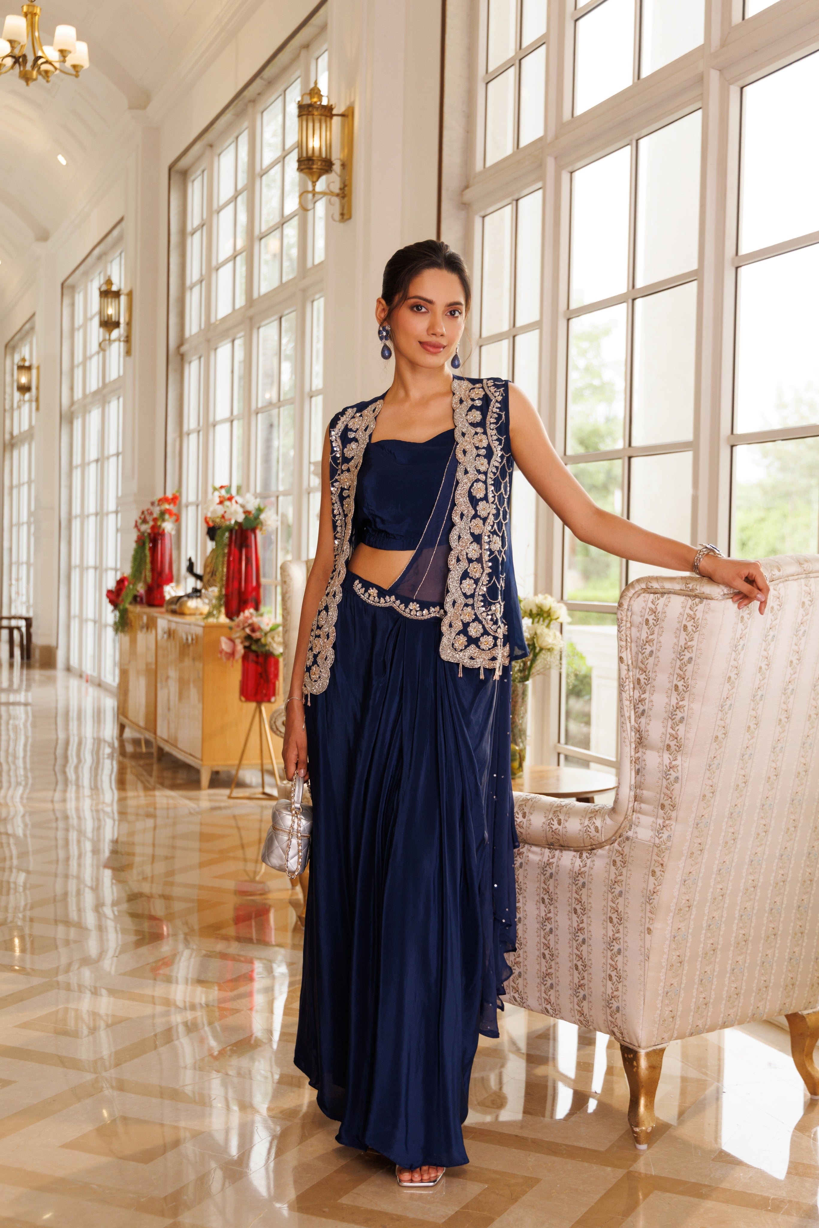 Sapphire Crystal Embellished Crepe Silk Saree