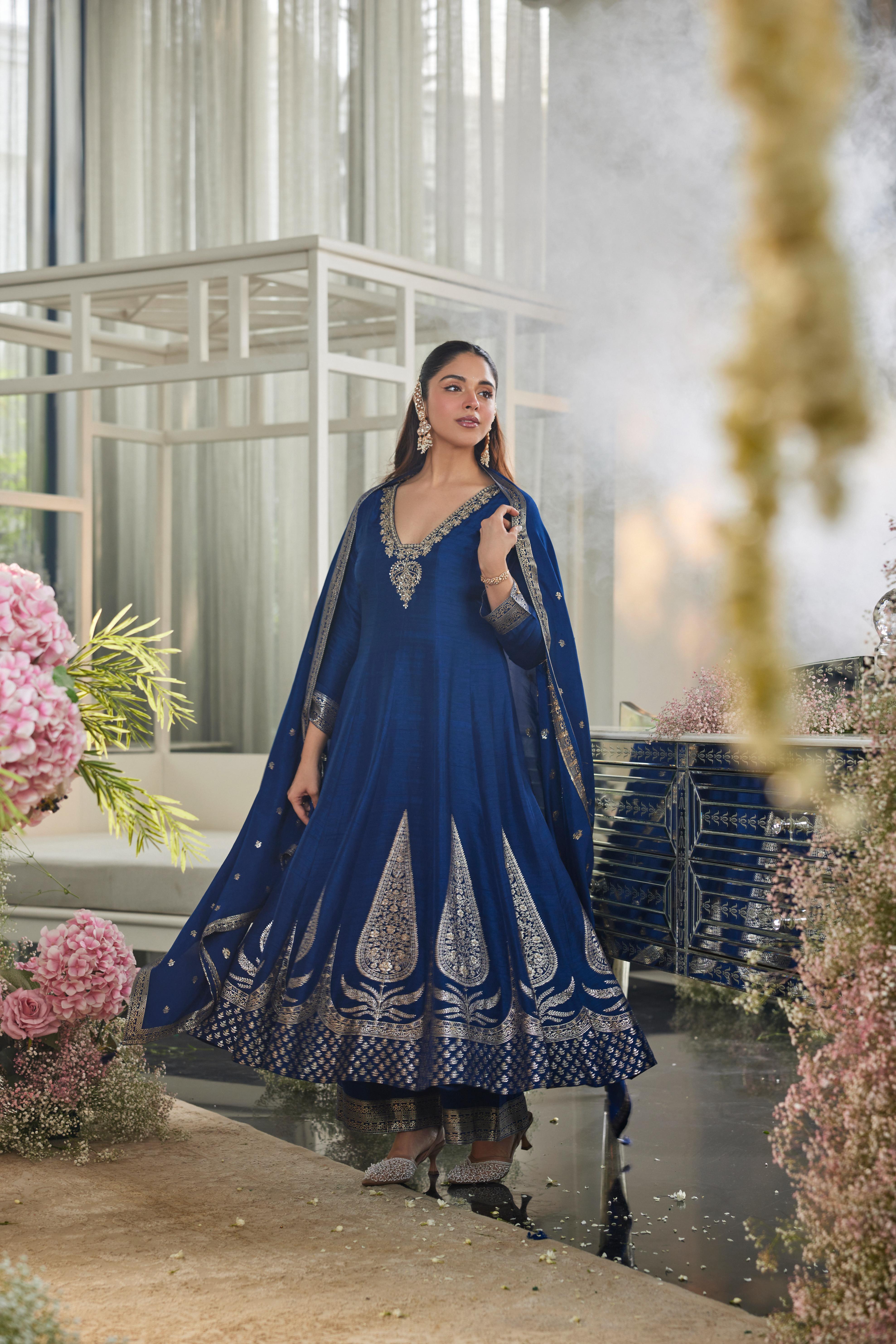 Royal Blue Embellished Raw Silk Anarkali Set