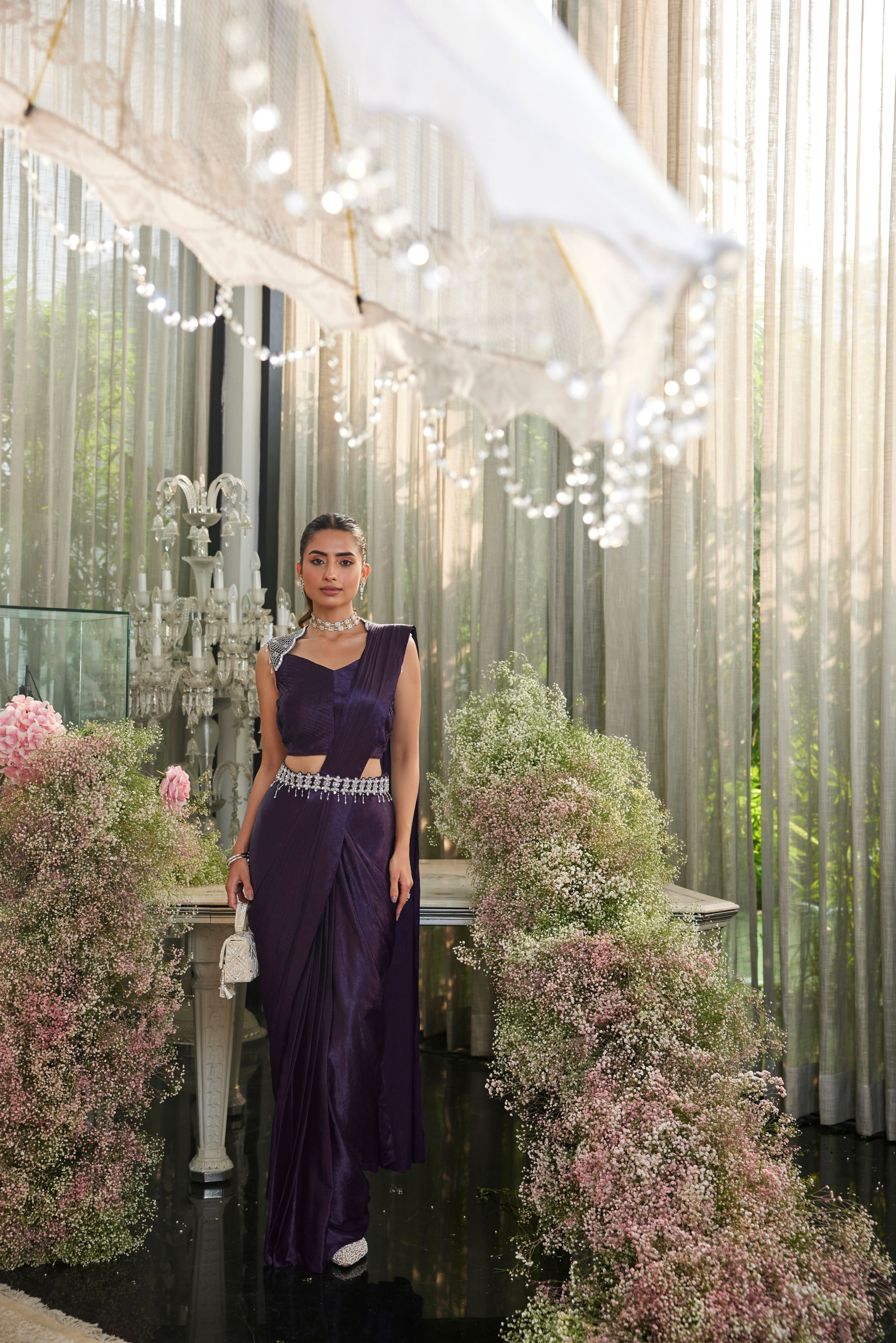 Purple Crushed Satin Draped Saree