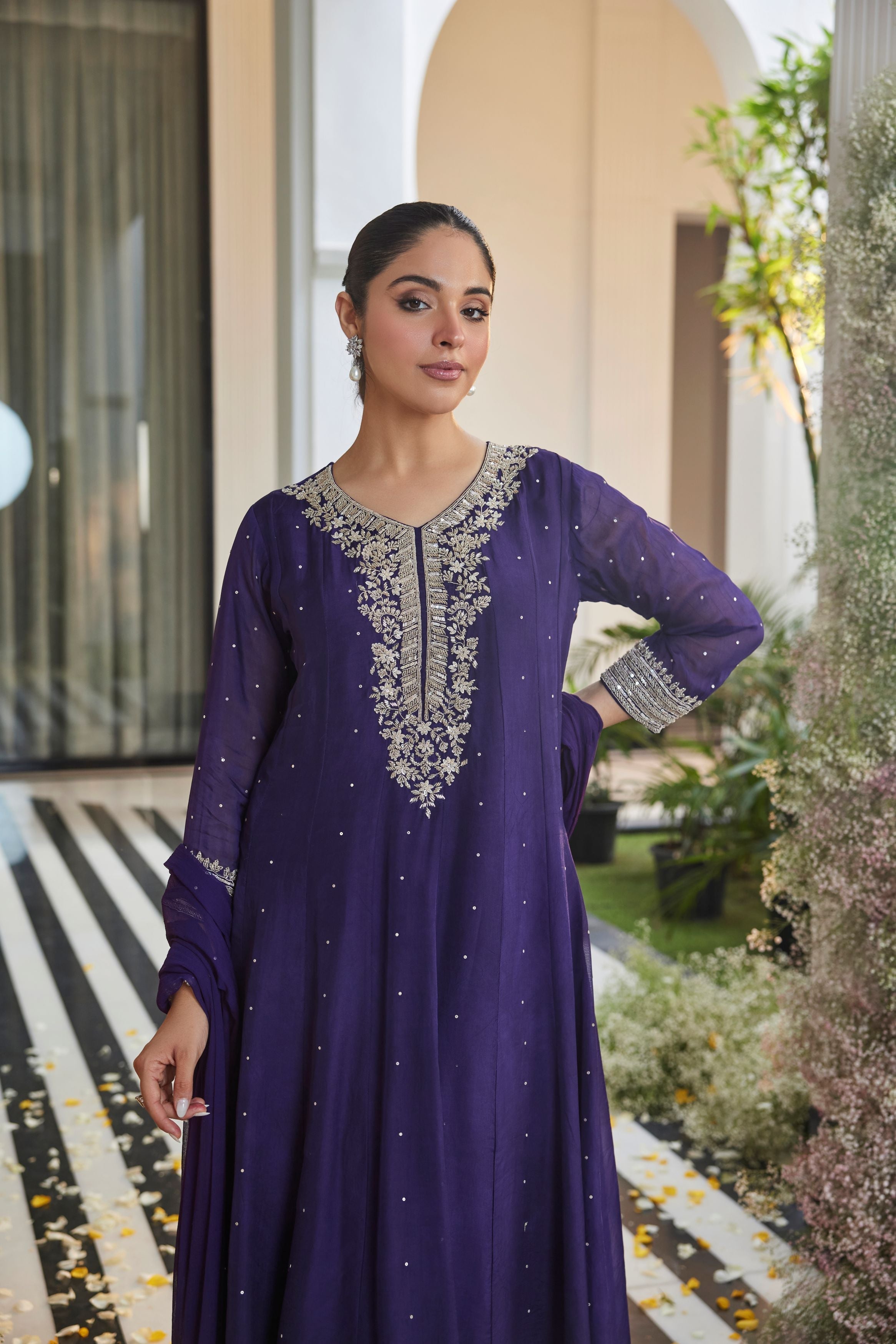 Deep Royal Purple Embellished Georgette Silk Anarkali Set