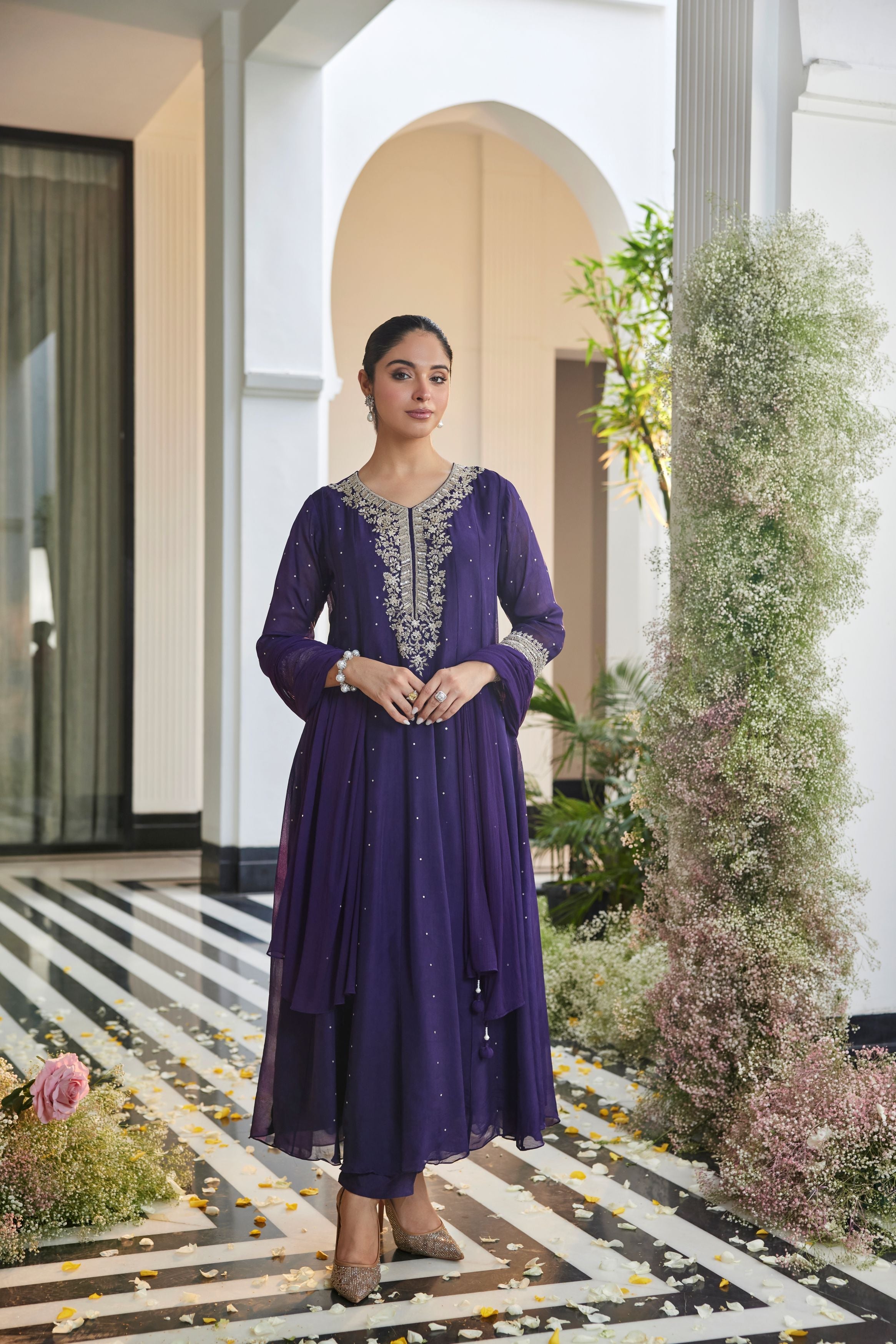 Deep Royal Purple Embellished Georgette Silk Anarkali Set