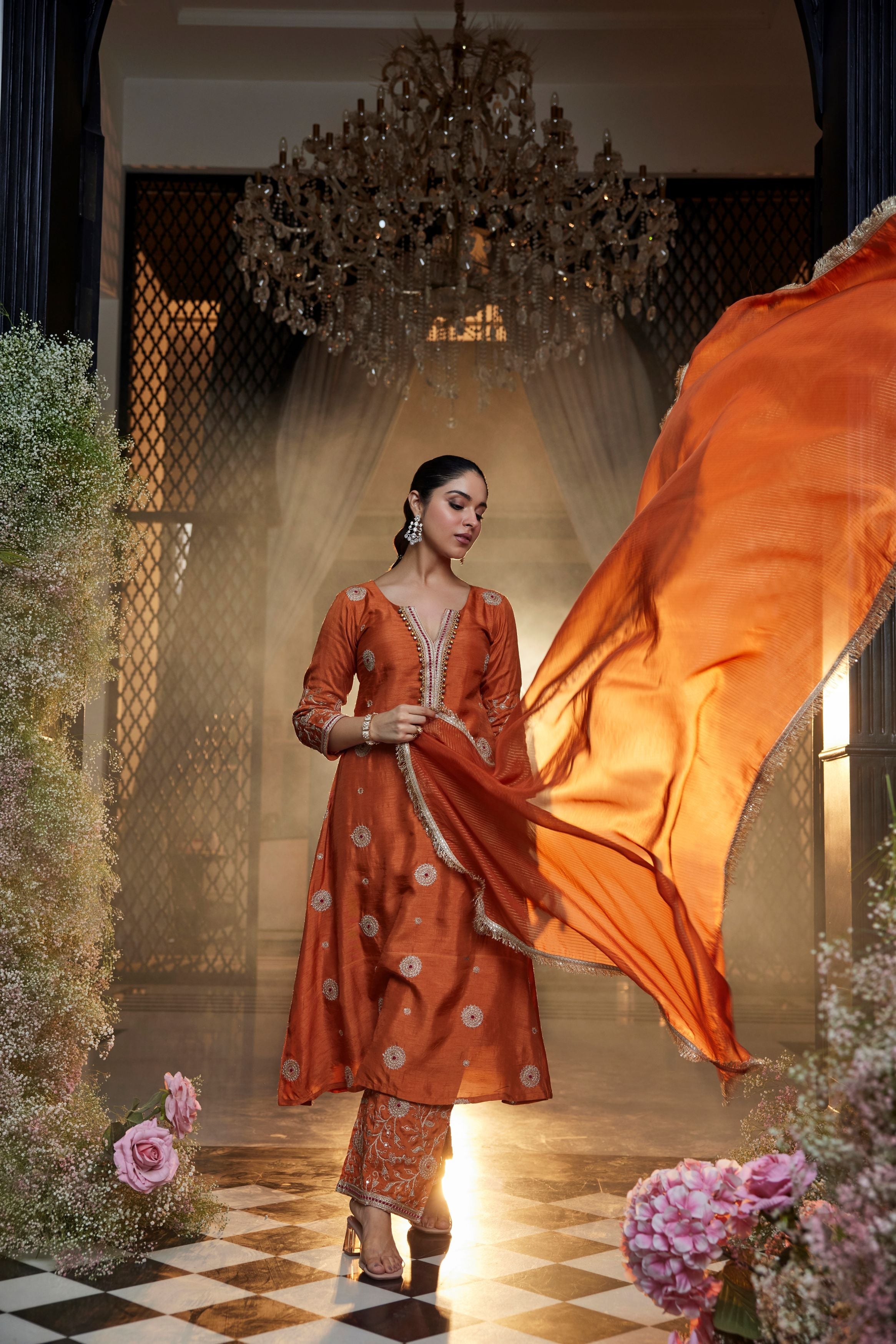 Rust Orange Embellished Raw Silk Pant Set