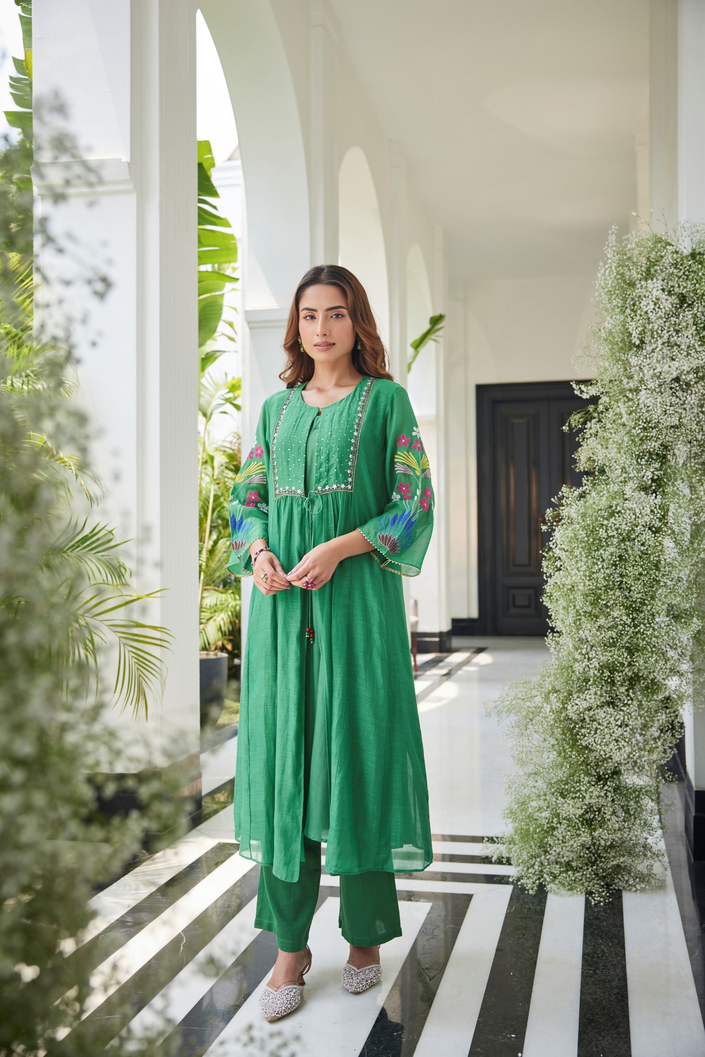 Green Embroidered Cotton Silk Pant Set