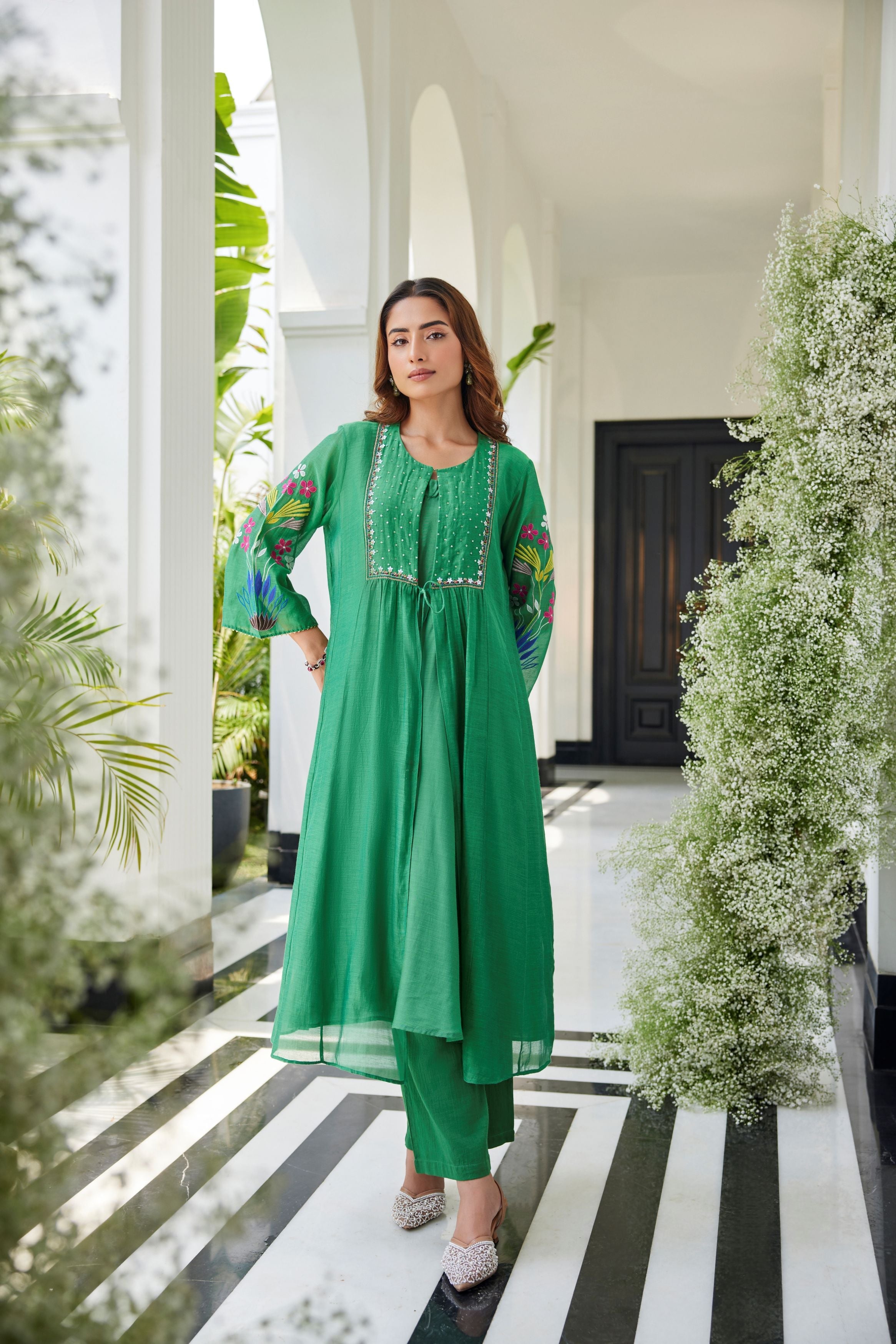 Green Embroidered Cotton Silk Pant Set