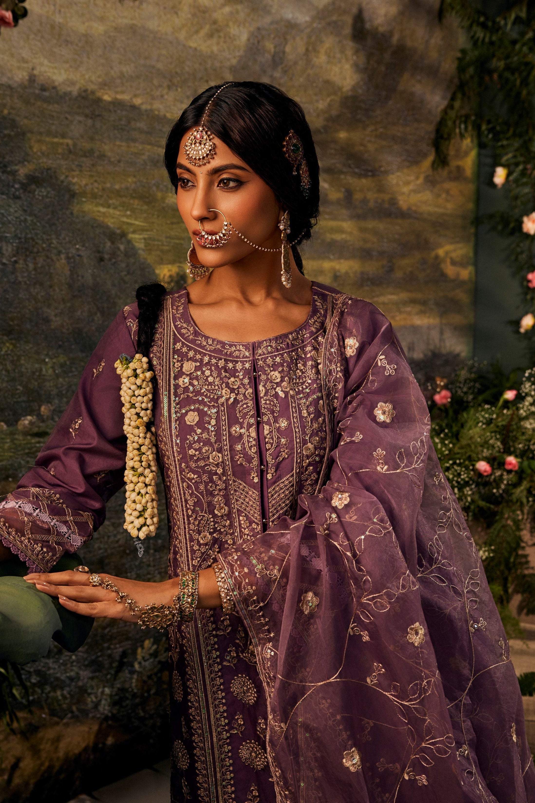 Rouge Purple Embroidered Organza Silk Pant Set