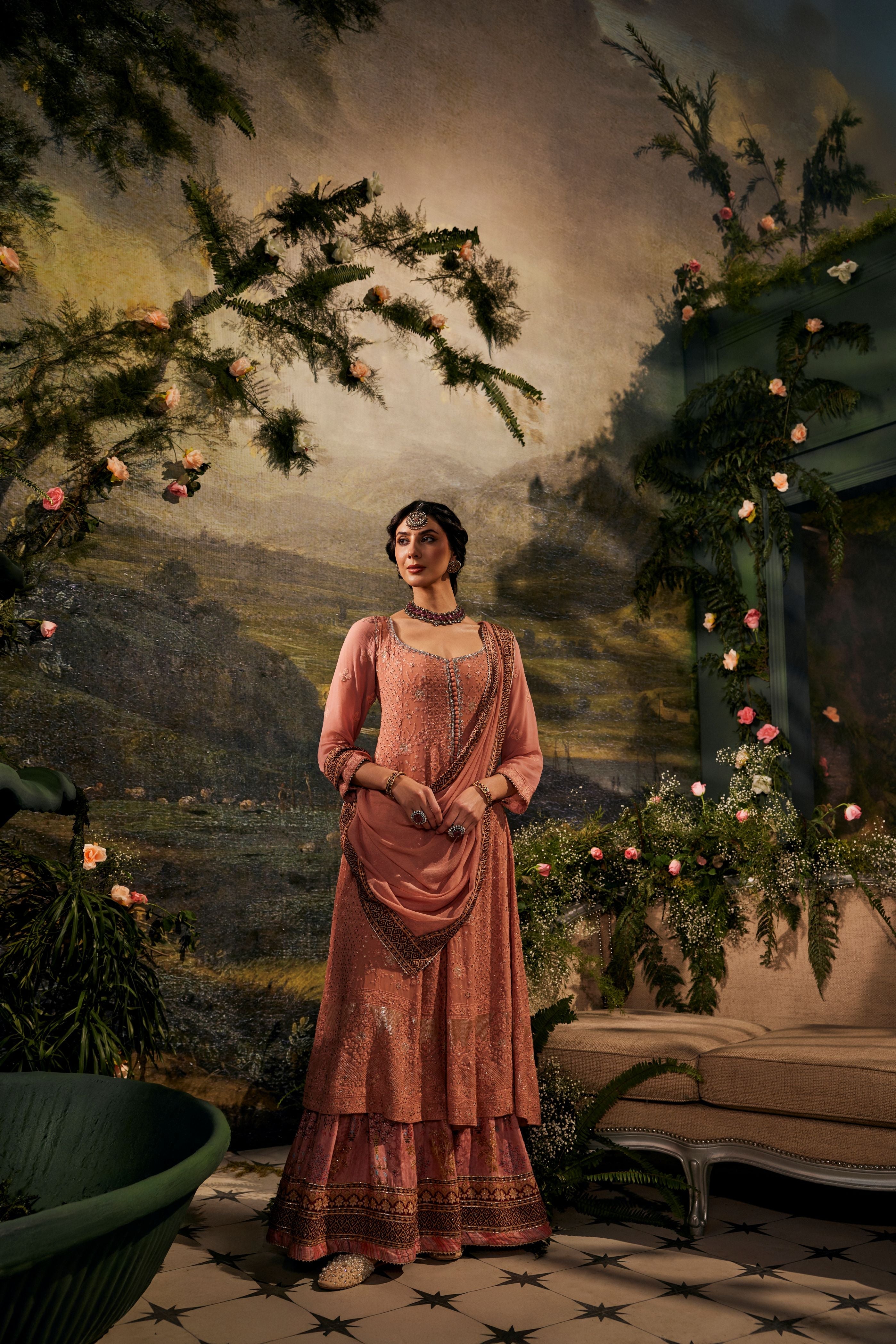 Peach Haze Embellished Georgette Silk Anarkali Set