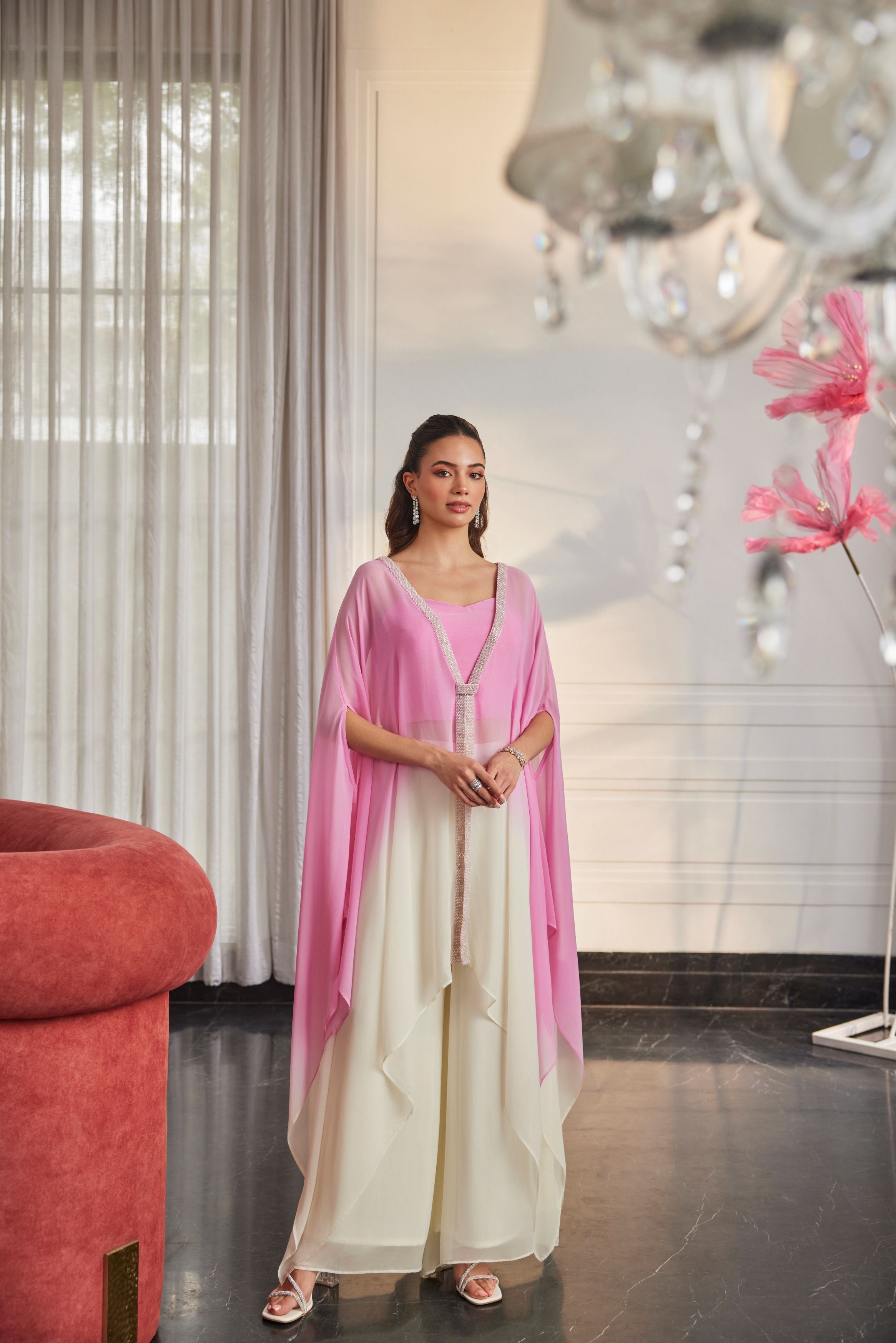 Rose Pink Embellished Georgette Silk Palazzo Set