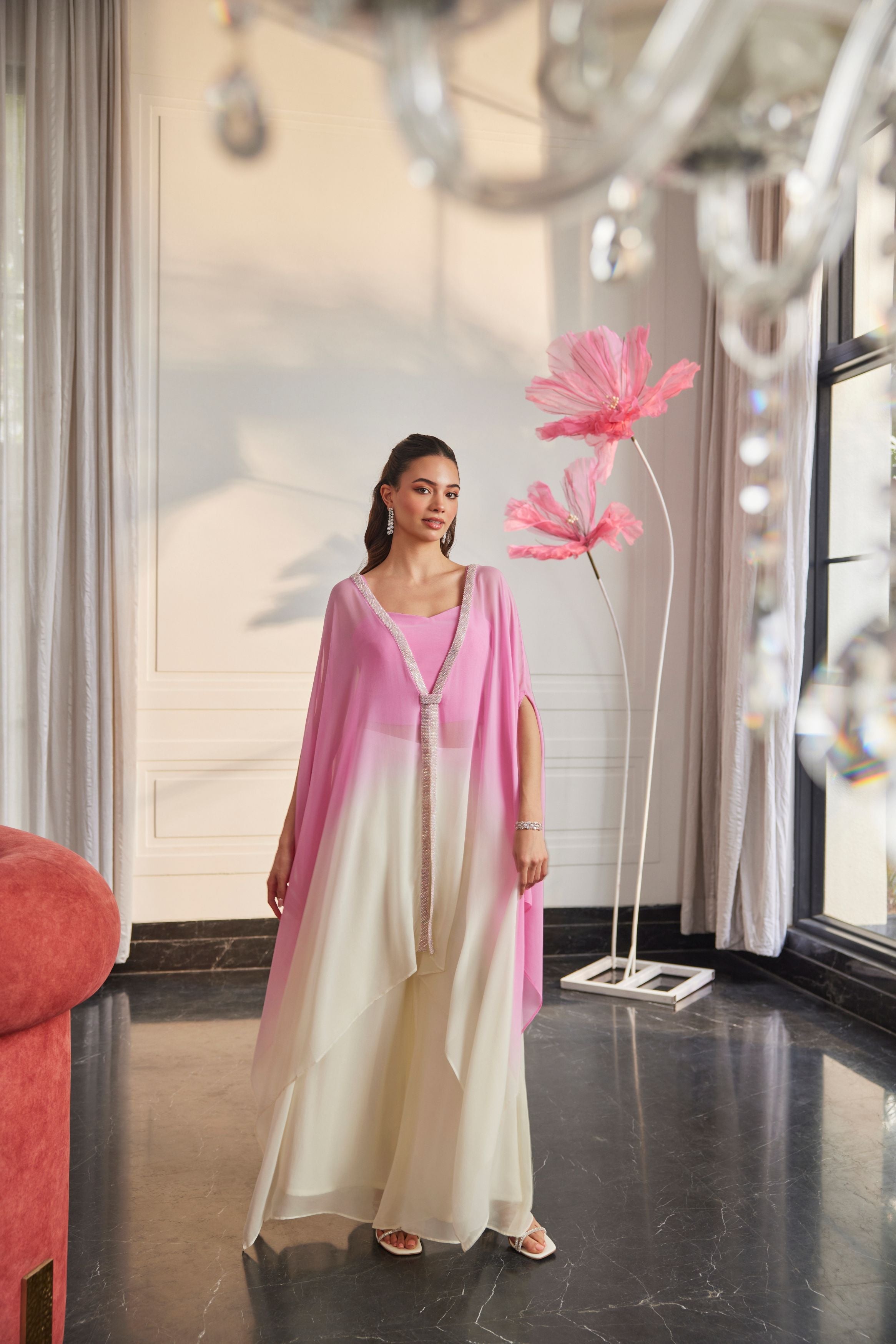 Rose Pink Embellished Georgette Silk Palazzo Set
