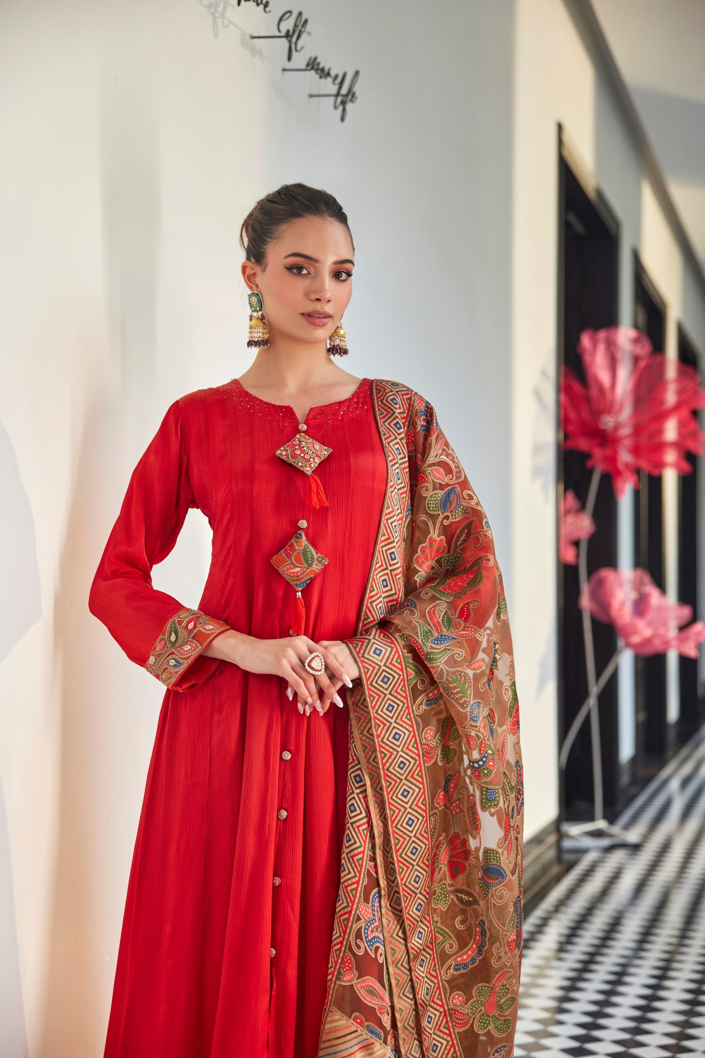 Orange Embellished Premium Silk Anarkali Set