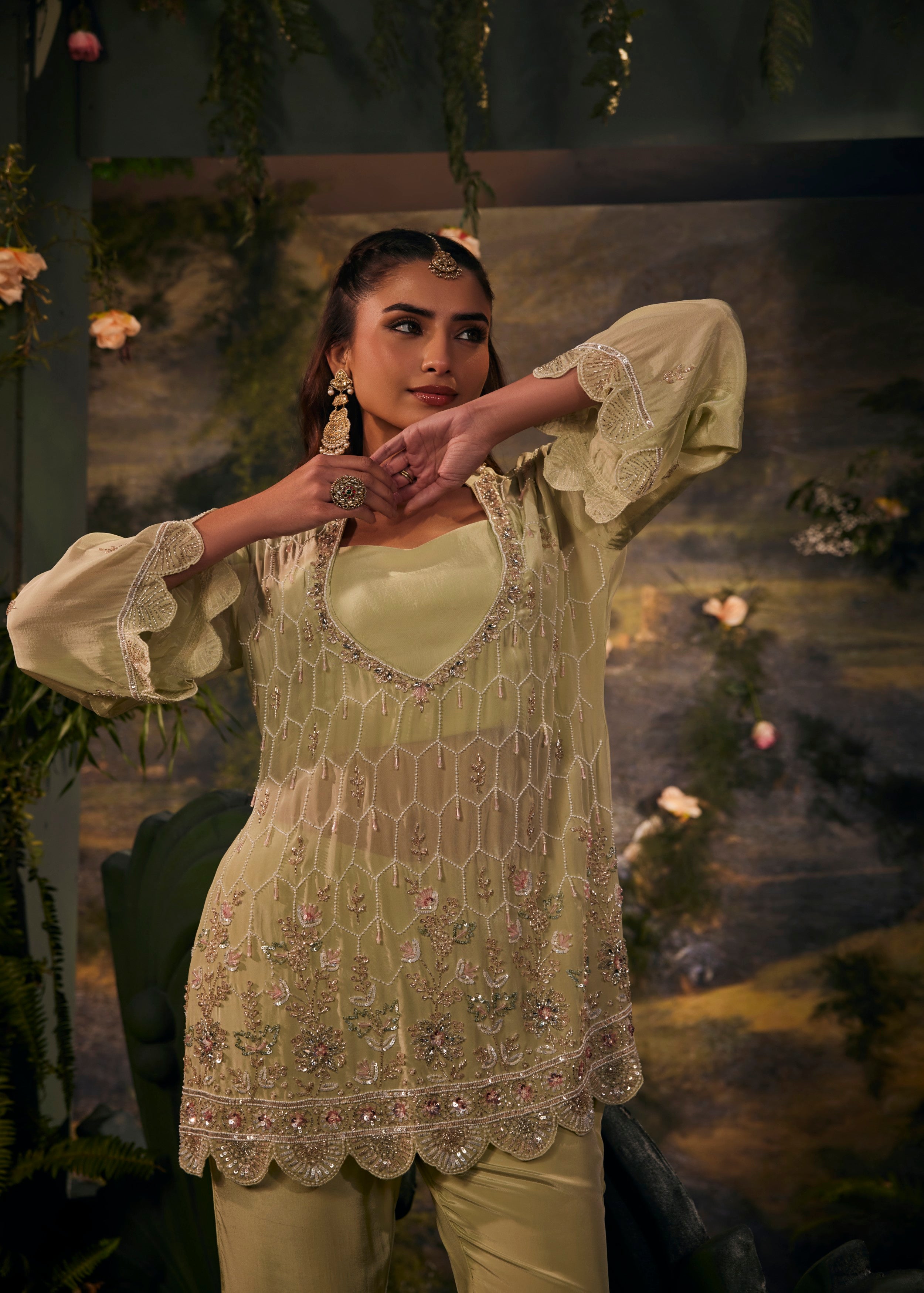 Ziya Green Embellished Crepe Silk Co-Ord Set