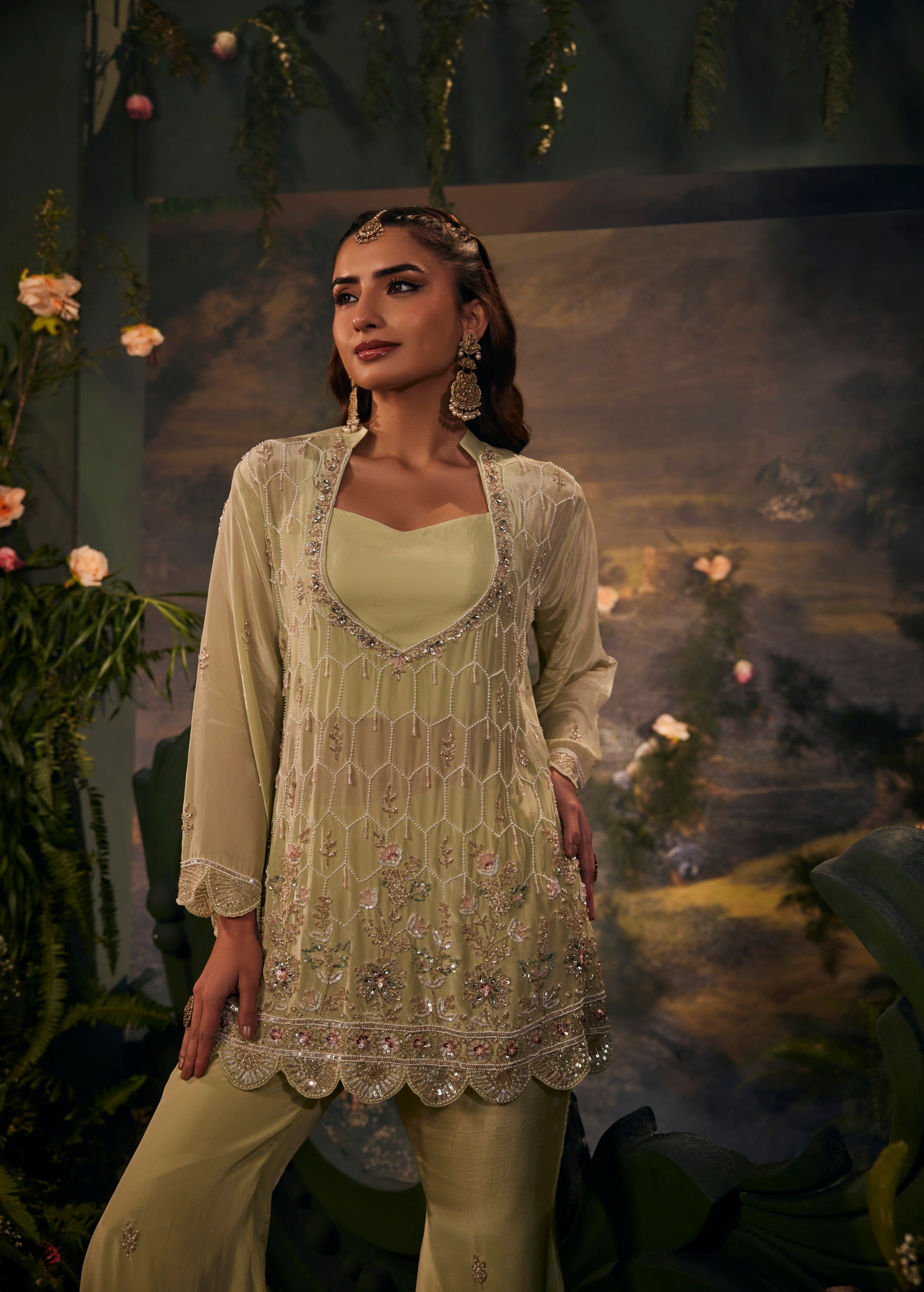 Ziya Green Embellished Crepe Silk Co-Ord Set