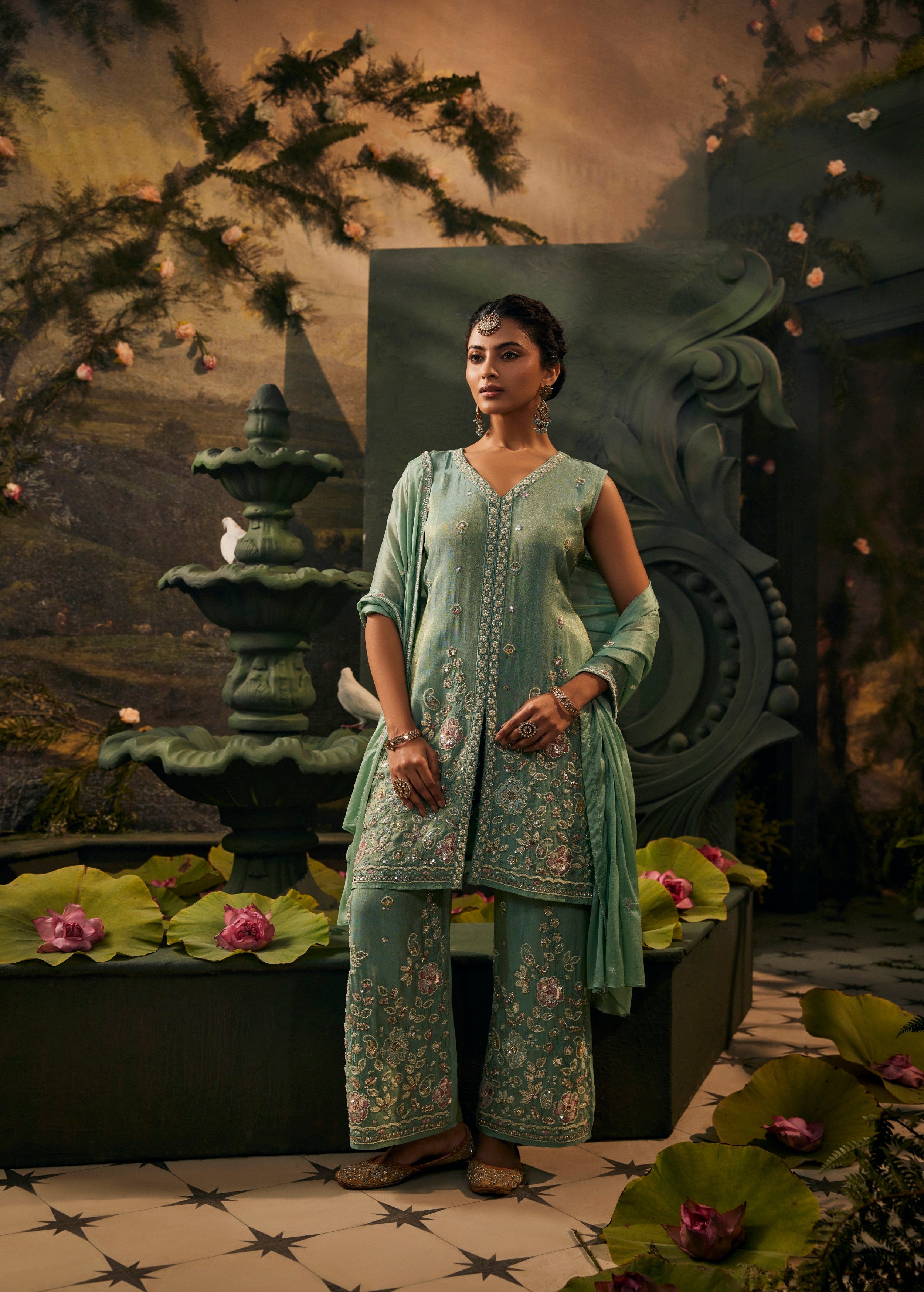 Glossy Sage Embellished Shimmer Silk Pant Set