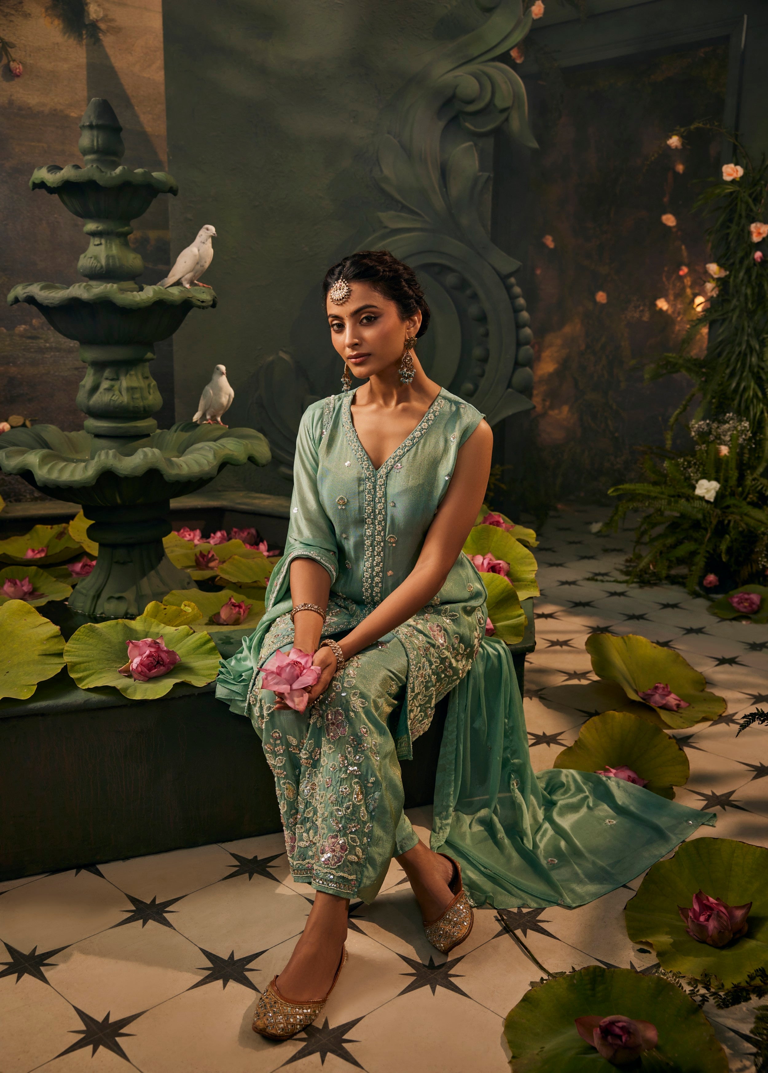 Glossy Sage Embellished Shimmer Silk Pant Set