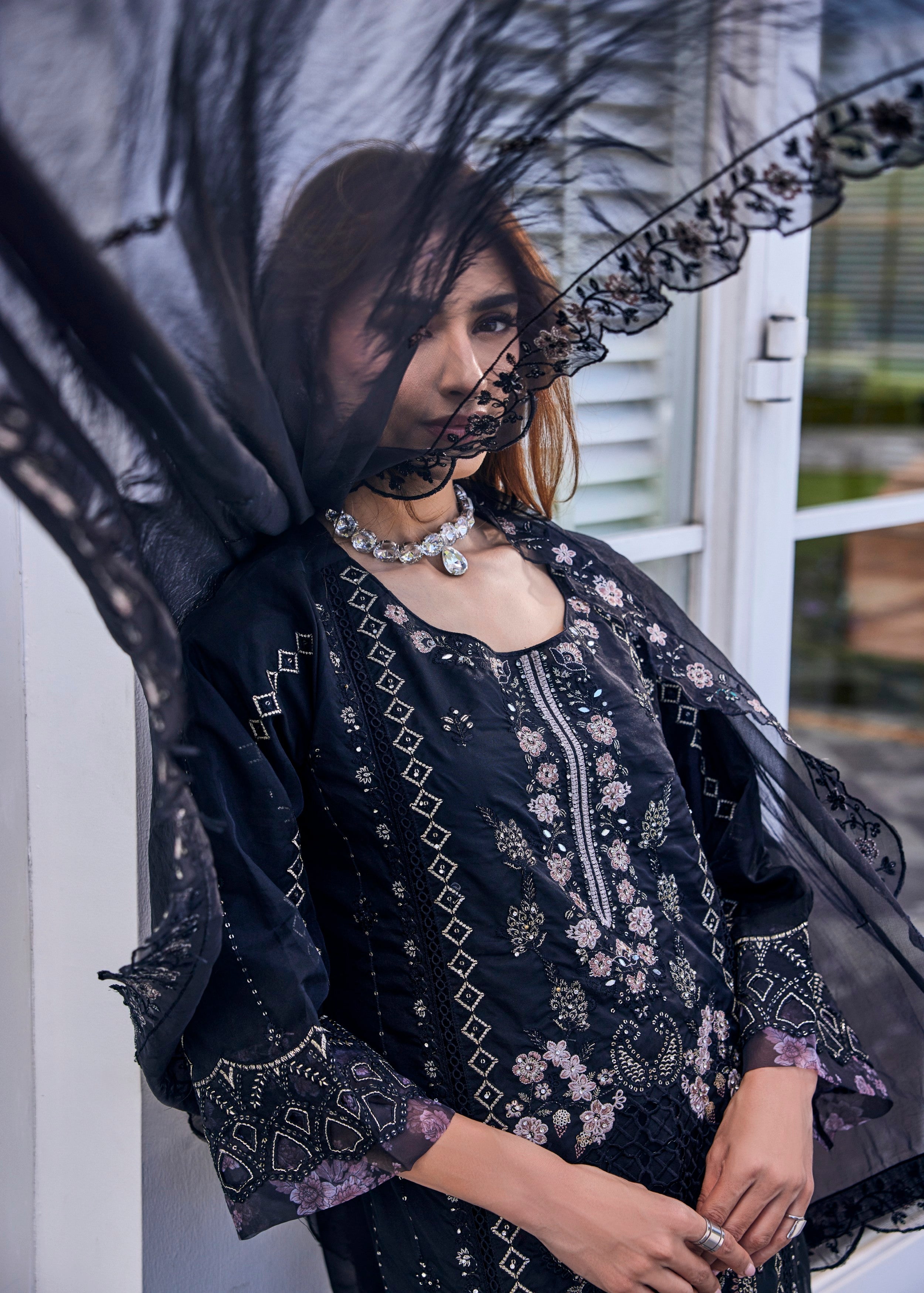 Jet Black Embroidered Organza Silk Palazzo Set