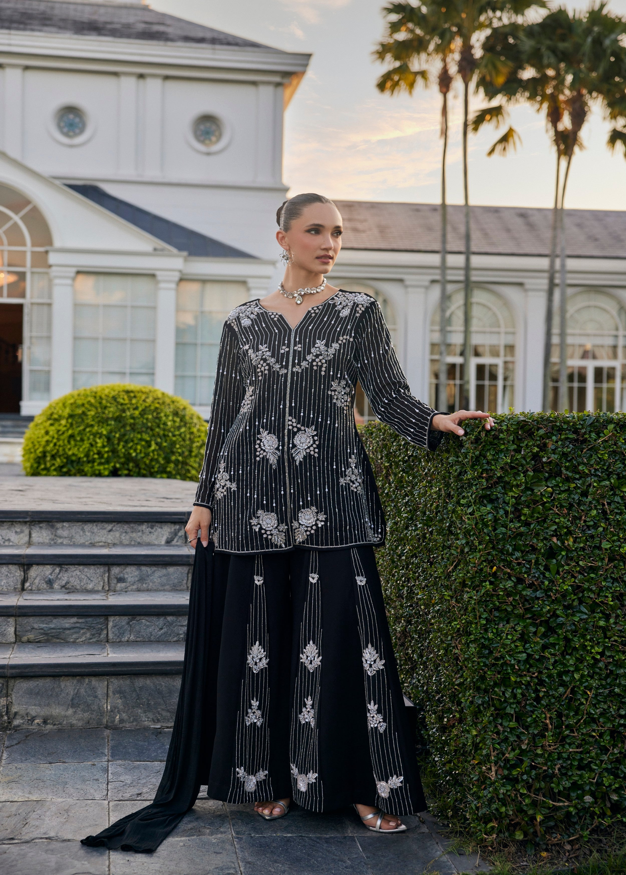 Midnight Black Embellished Georgette Silk Palazzo Set
