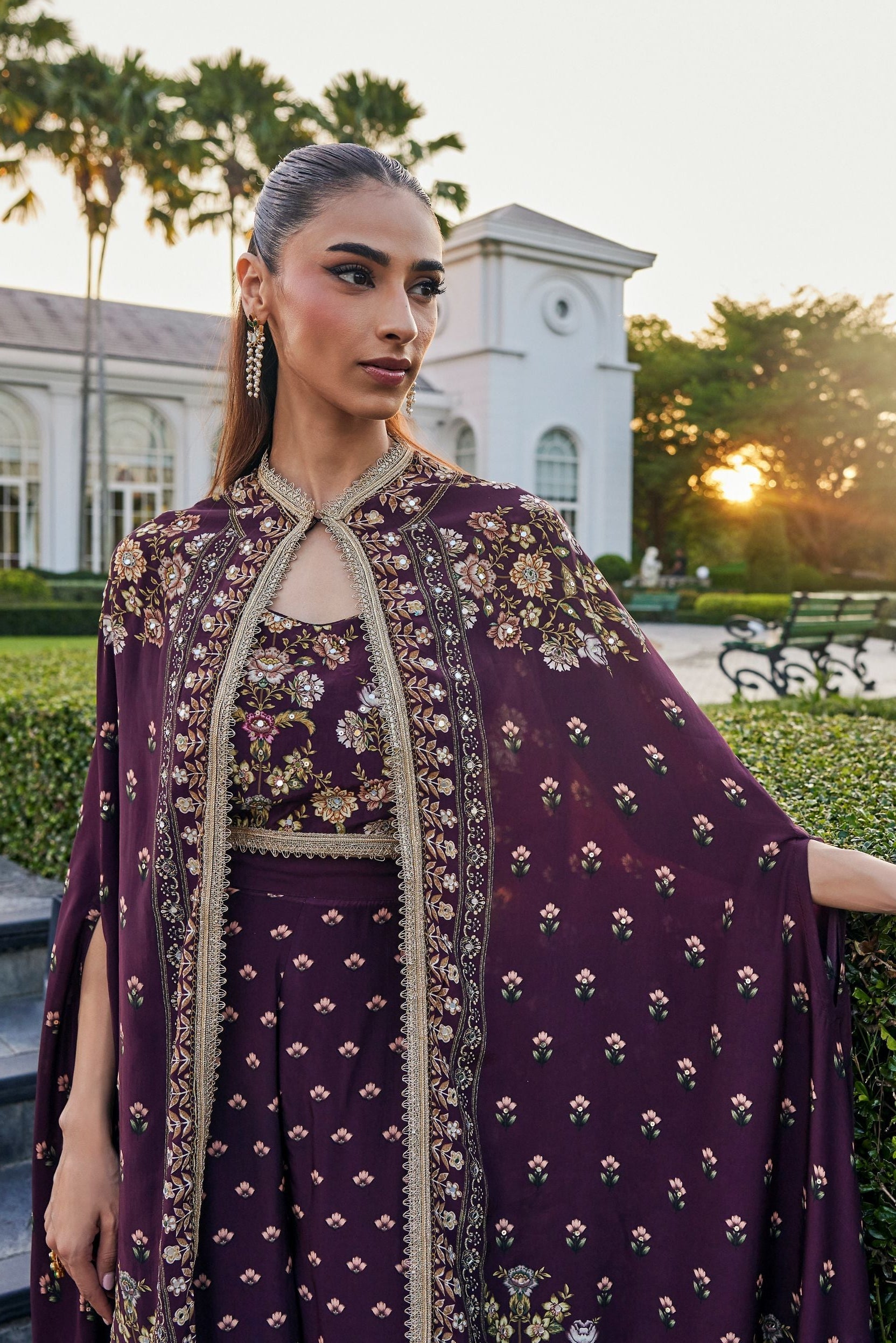Plum Royale Embellished Muslin Silk Cape Set