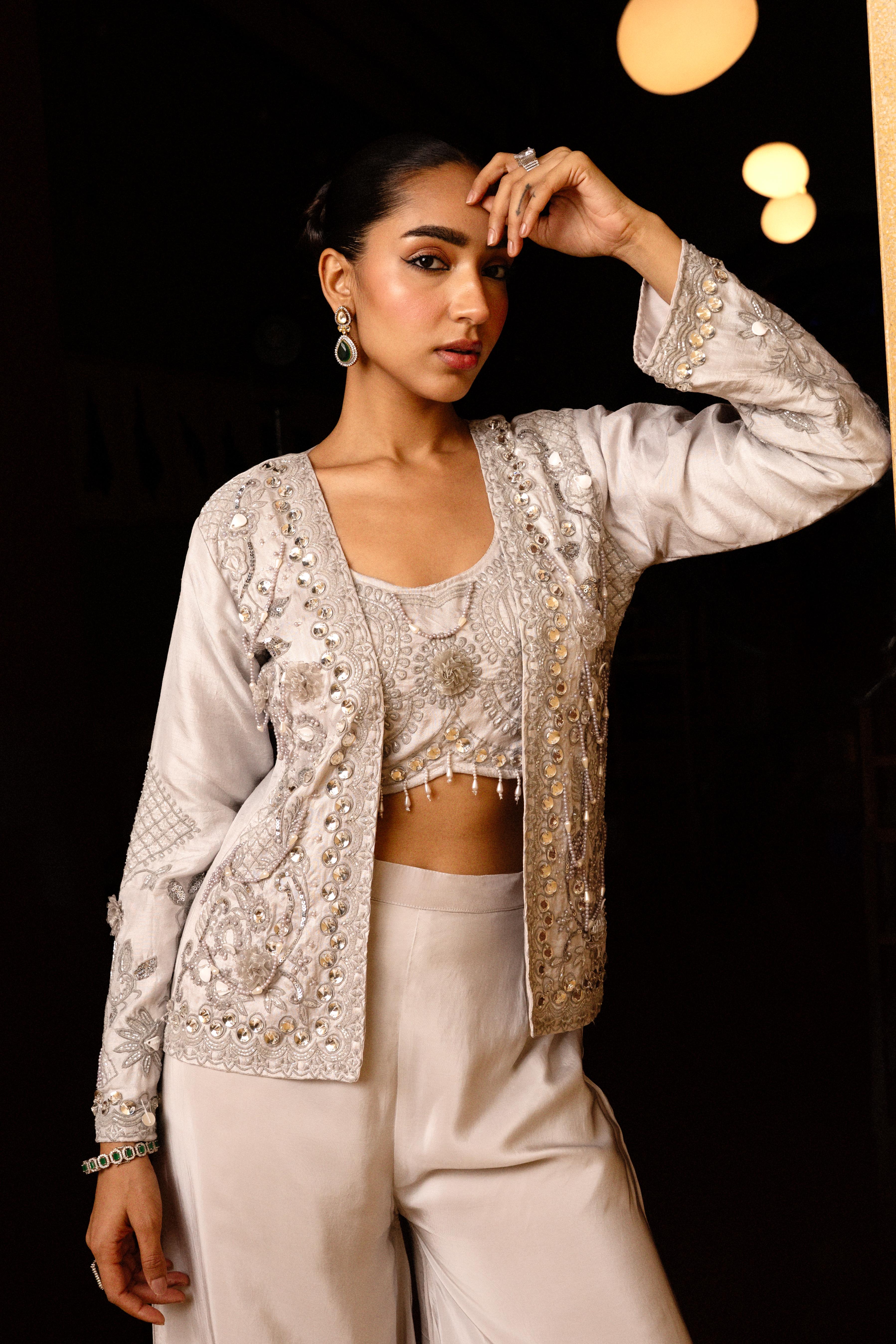 Silver Grey Embellished Crepe Silk Jacket Set