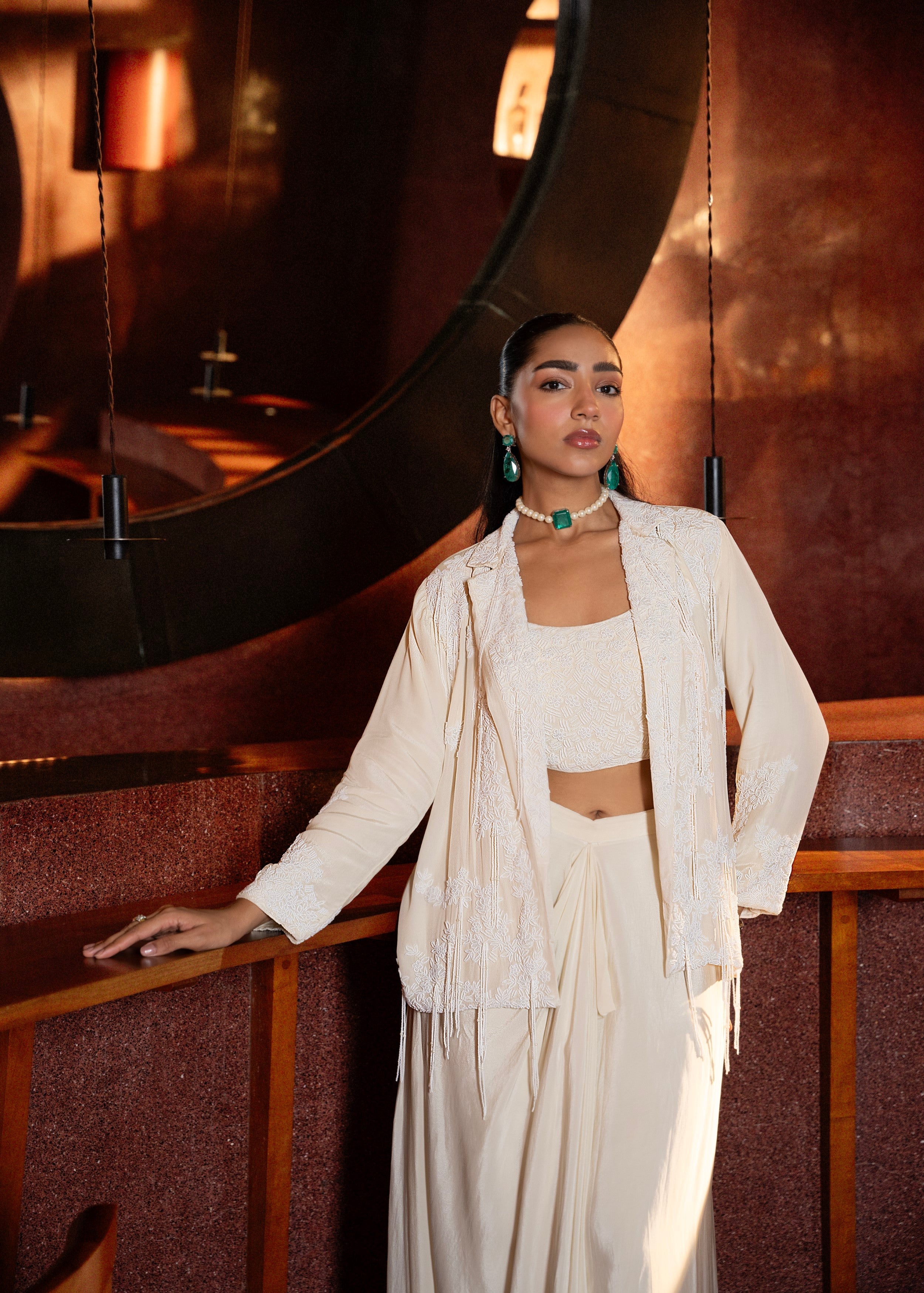 Pearl White Embellished Crepe Silk Skirt Jacket Set