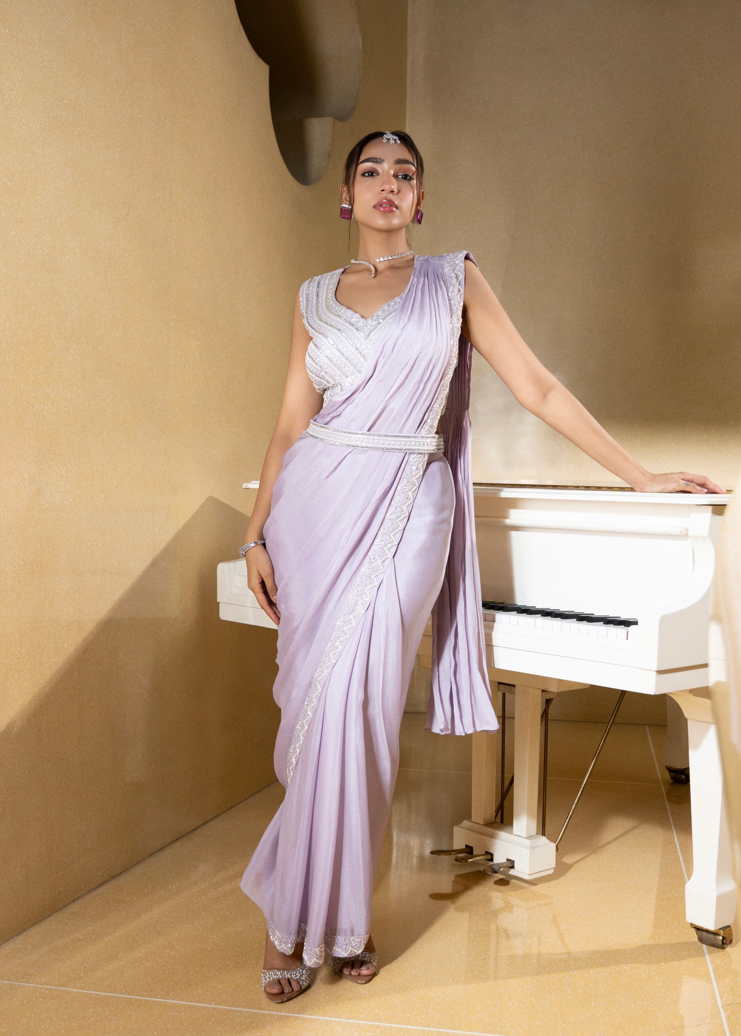 Lilac Embellished Chinon Silk Draped Saree