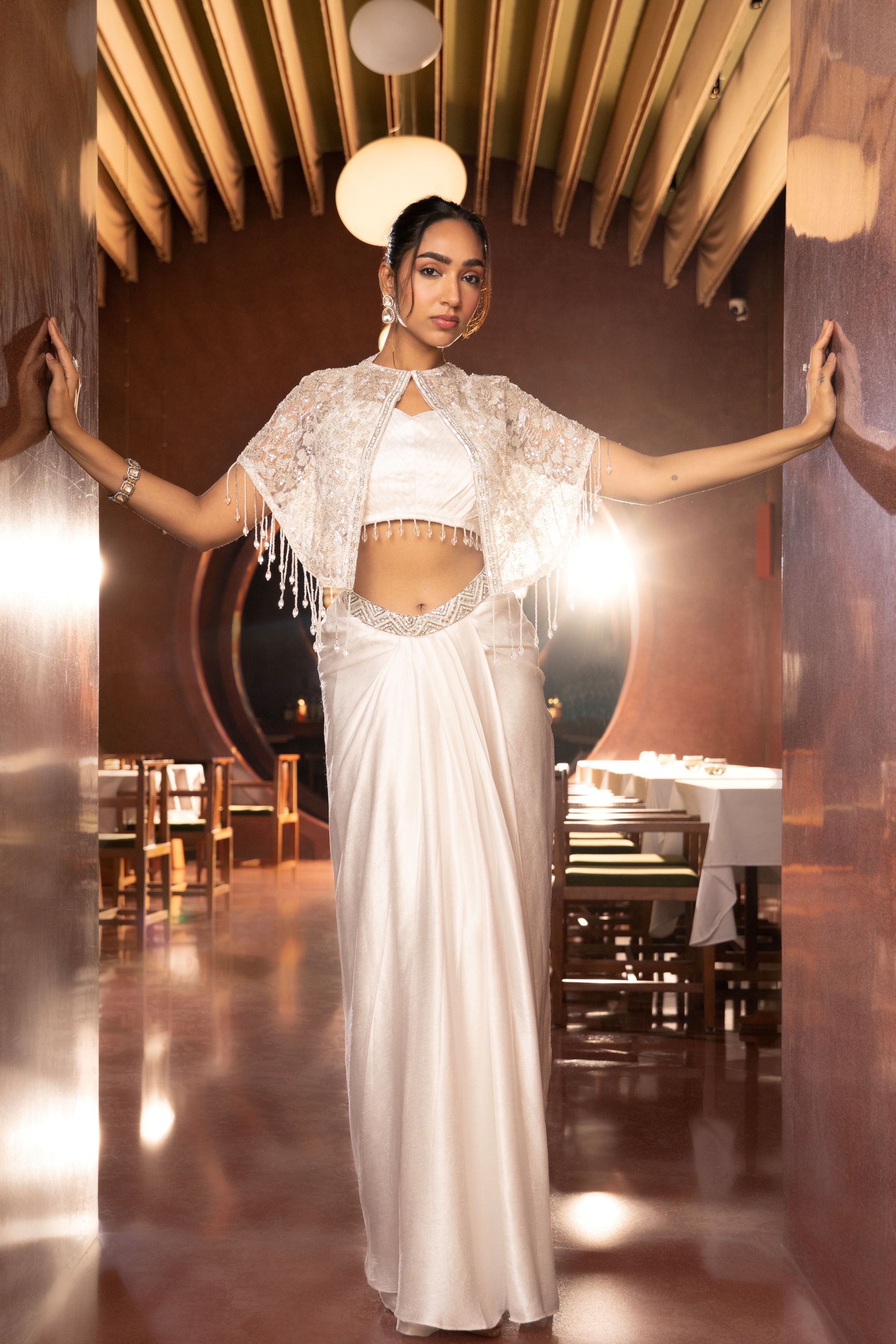 Classic White Embellished Satin Silk Skirt Set