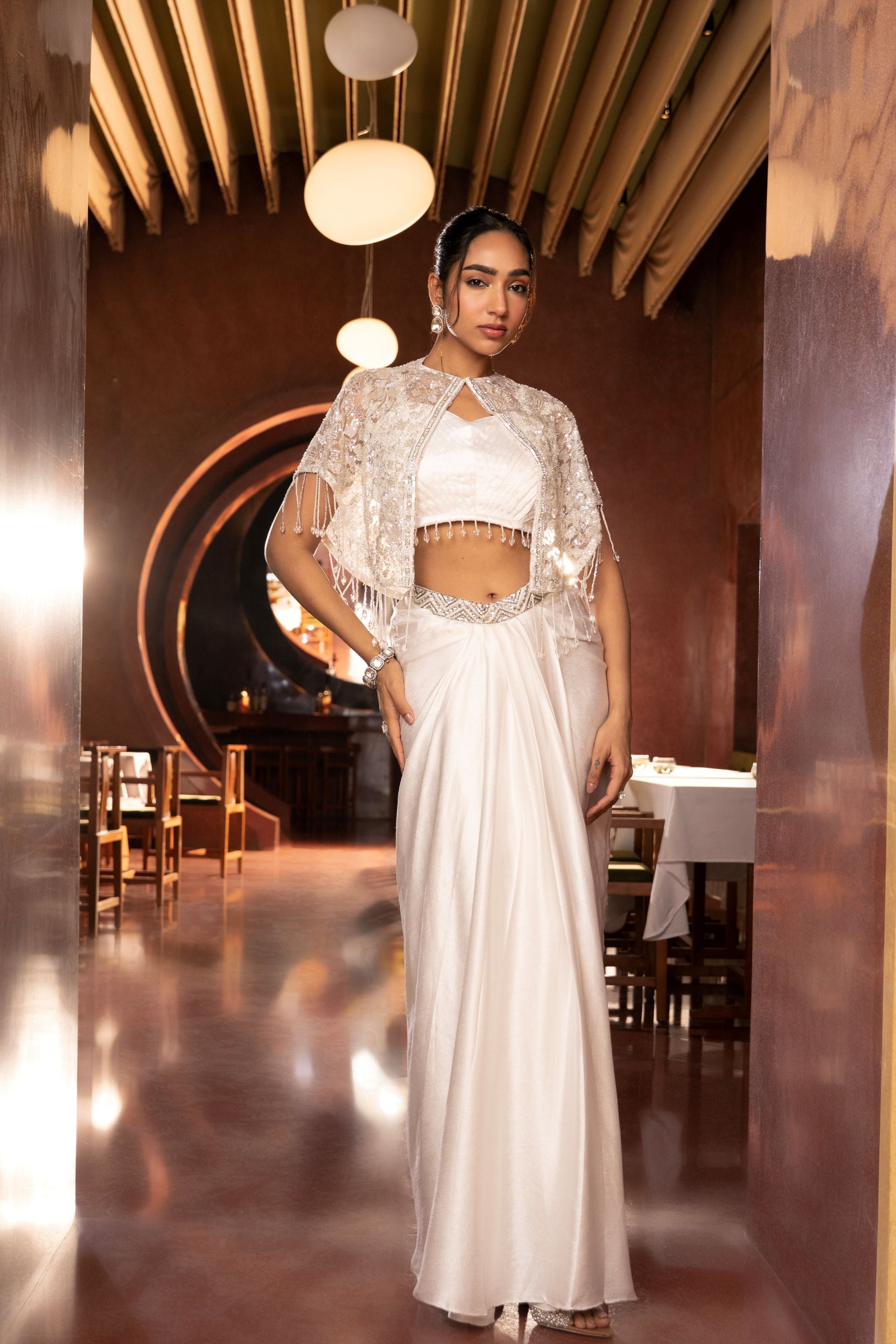 Classic White Embellished Satin Silk Skirt Set