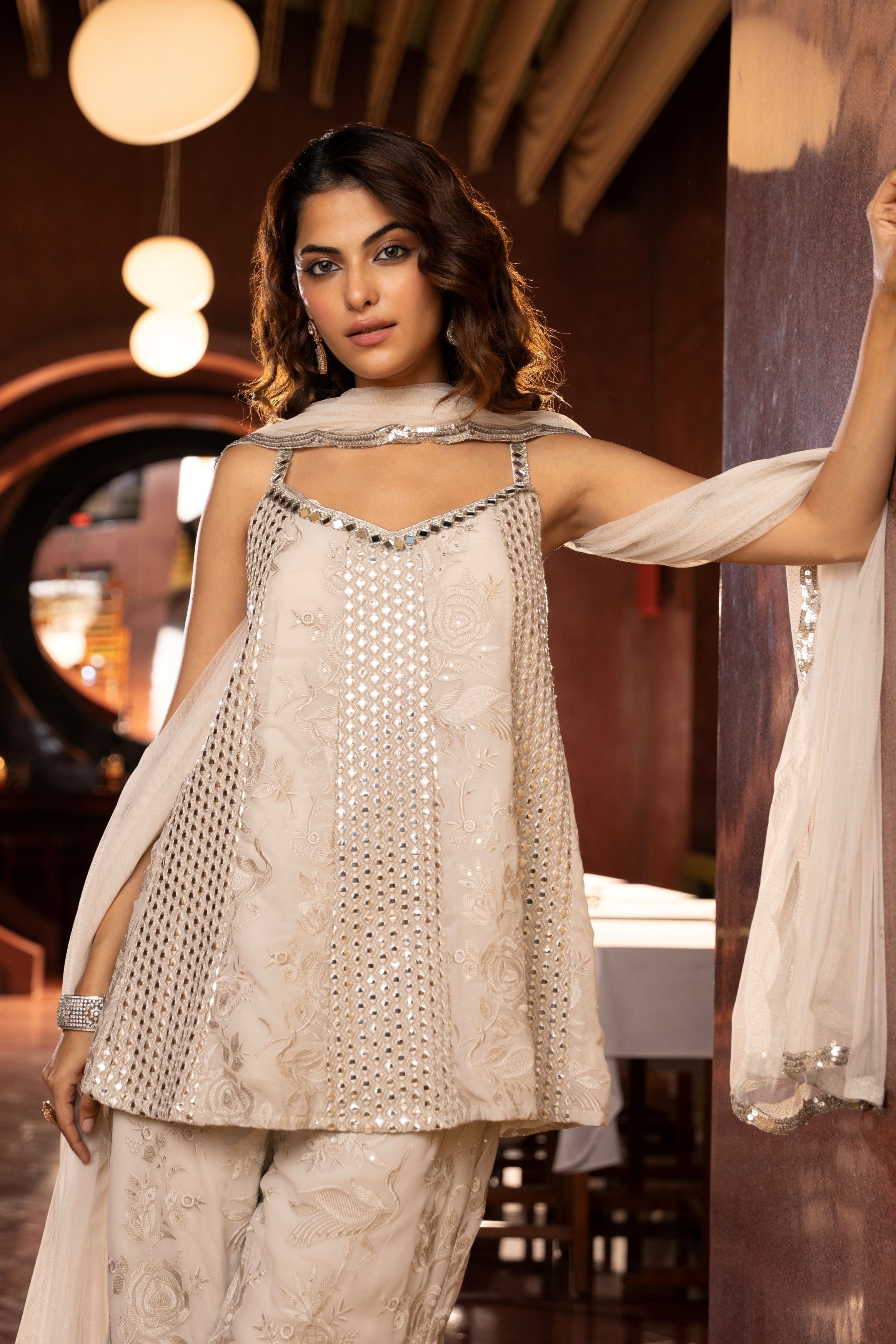 White Embellished Organza Silk Palazzo Set