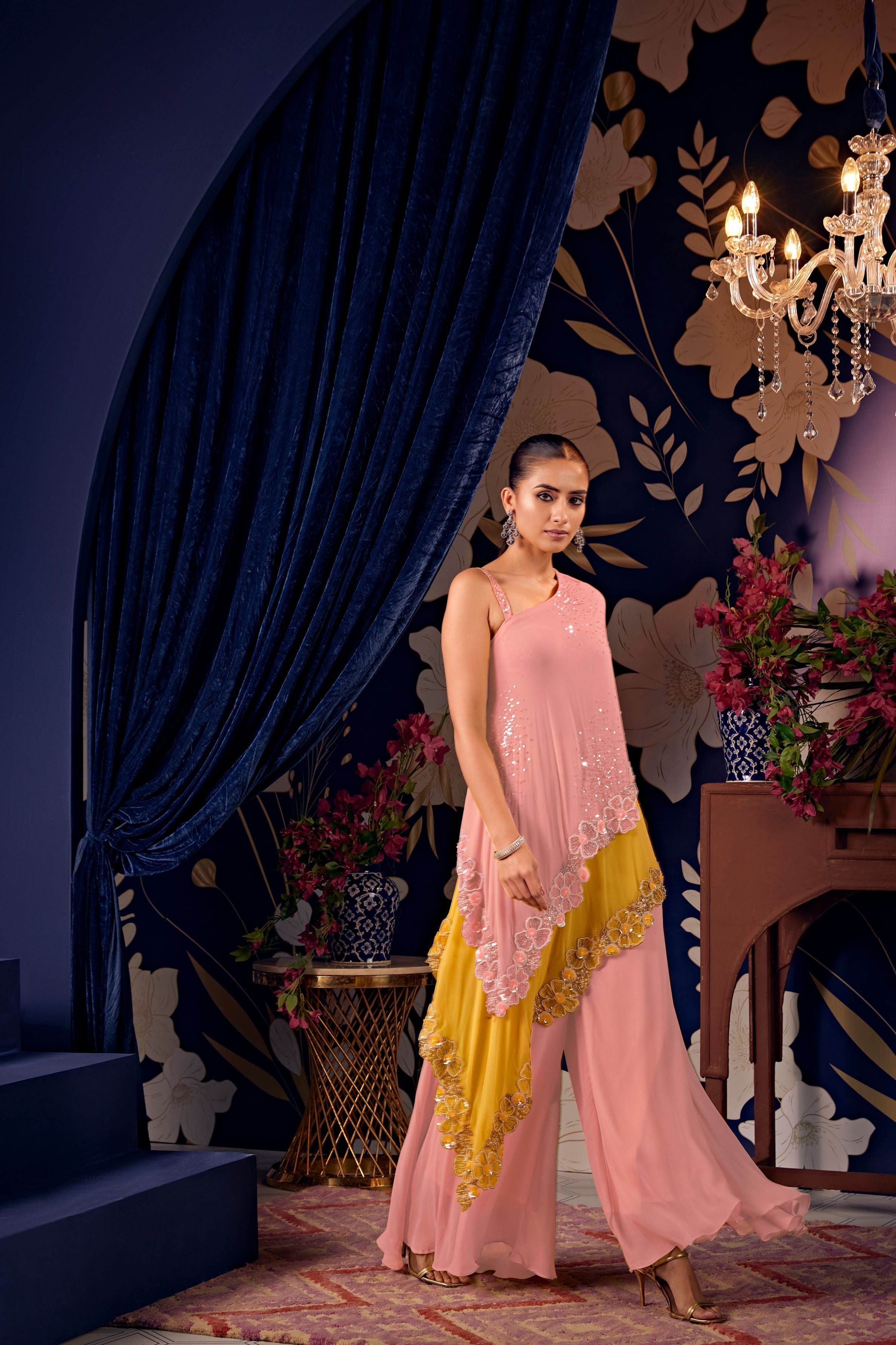 Creamy Peach Embellished Georgette Silk Tunic & Palazzo