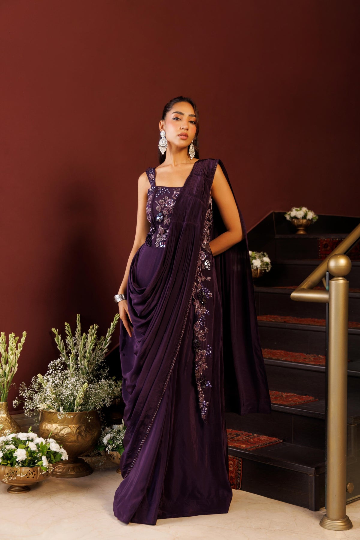 Royal Plum Crepe Satin Silk Gown