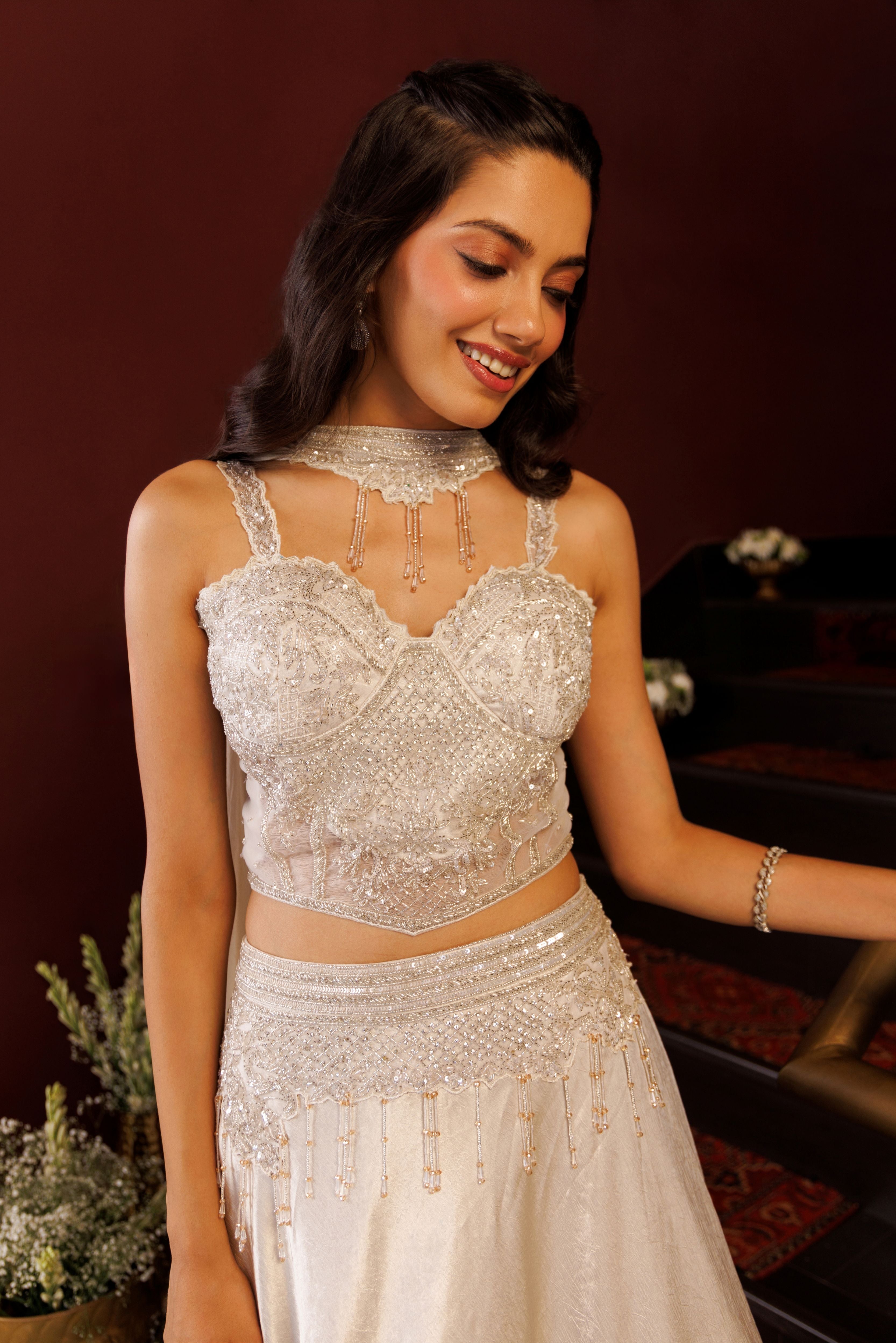Silver Champagne Embellished Satin Crepe Silk Lehenga Set