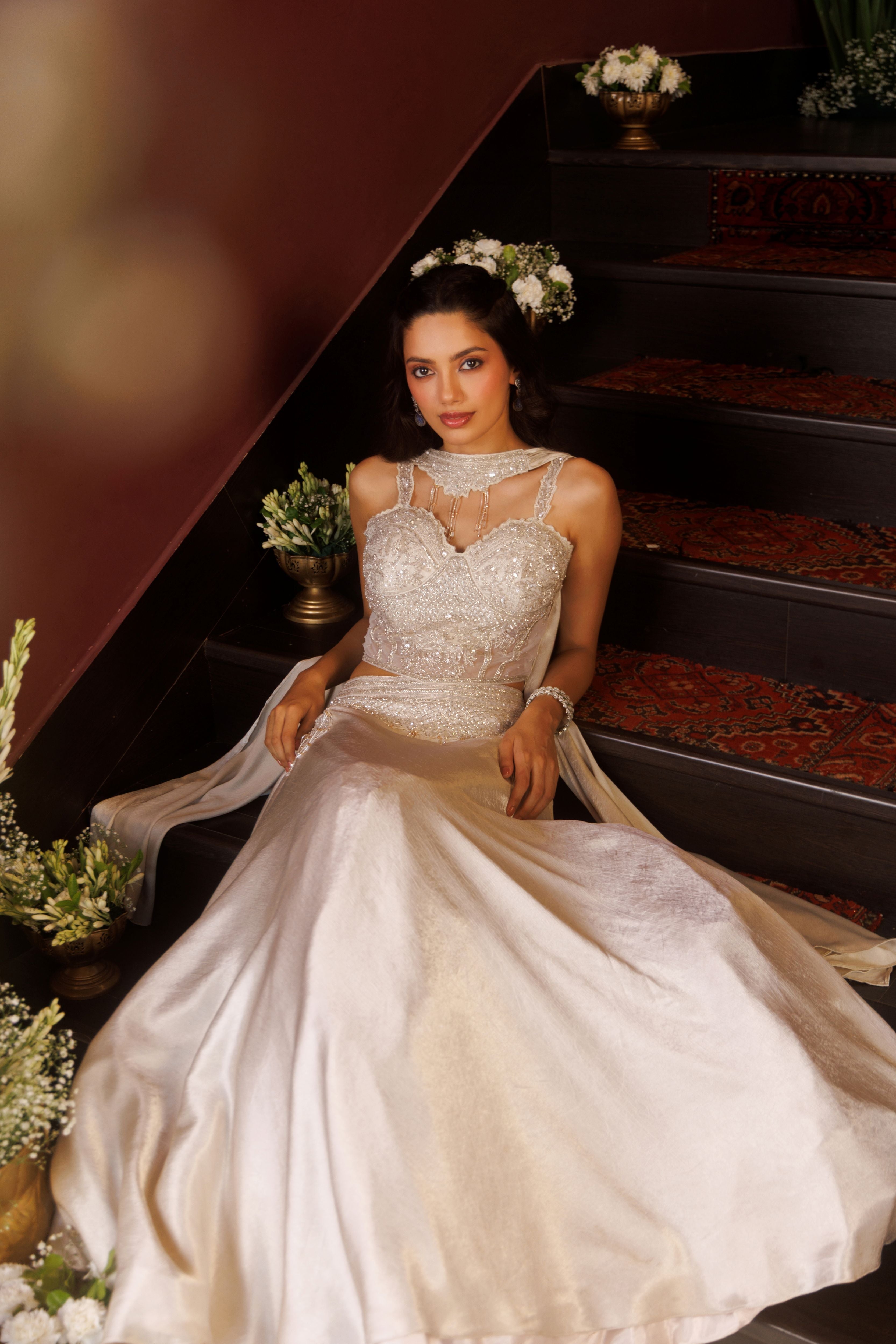 Silver Champagne Embellished Satin Crepe Silk Lehenga Set