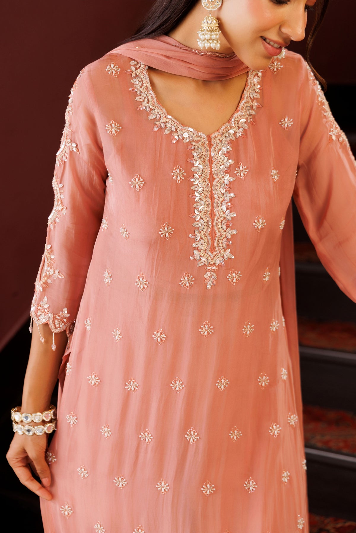 Royale Peach Embellished Organza Silk Palazzo Set