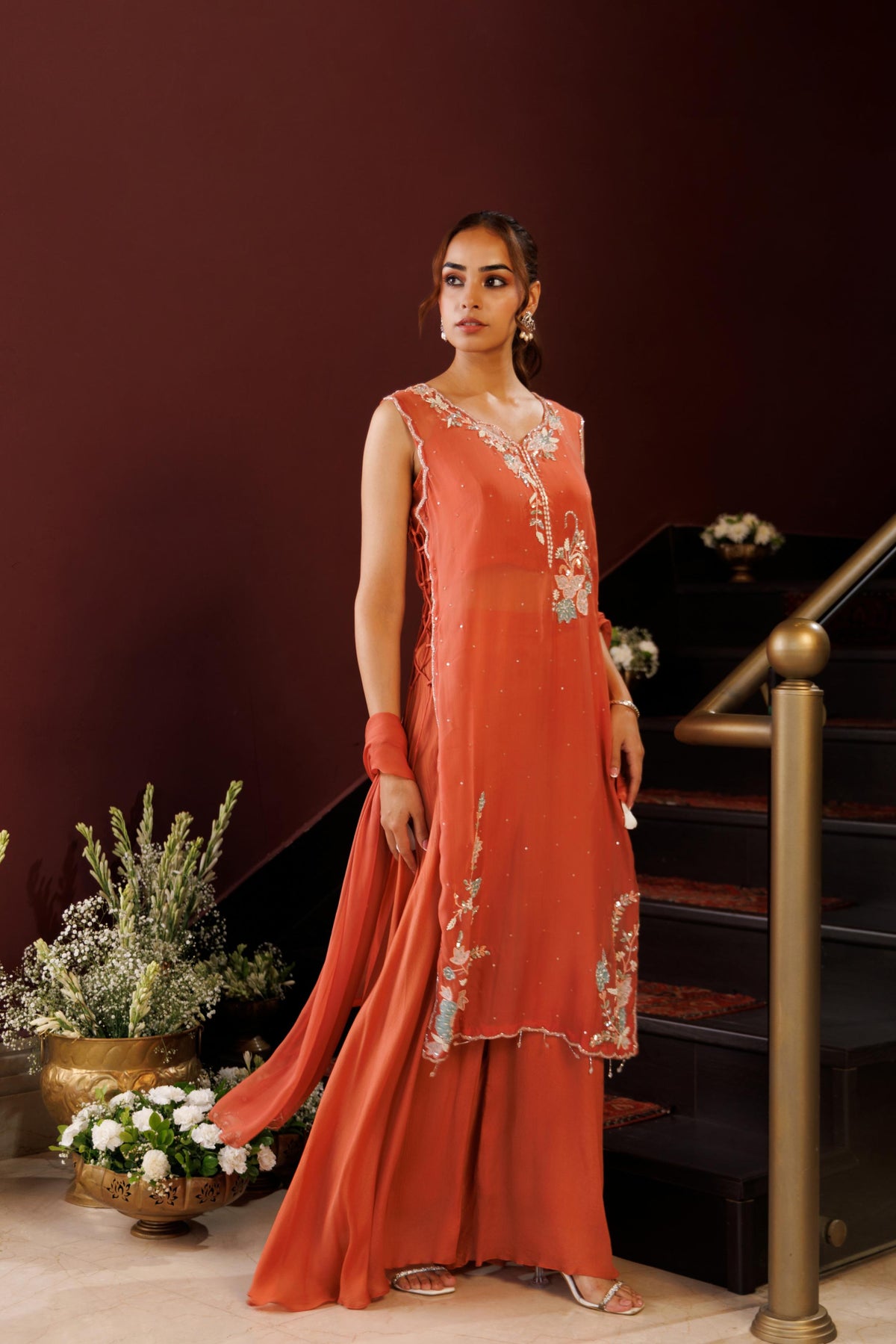 Rust Coral Embellished Chinon Silk Palazzo Set