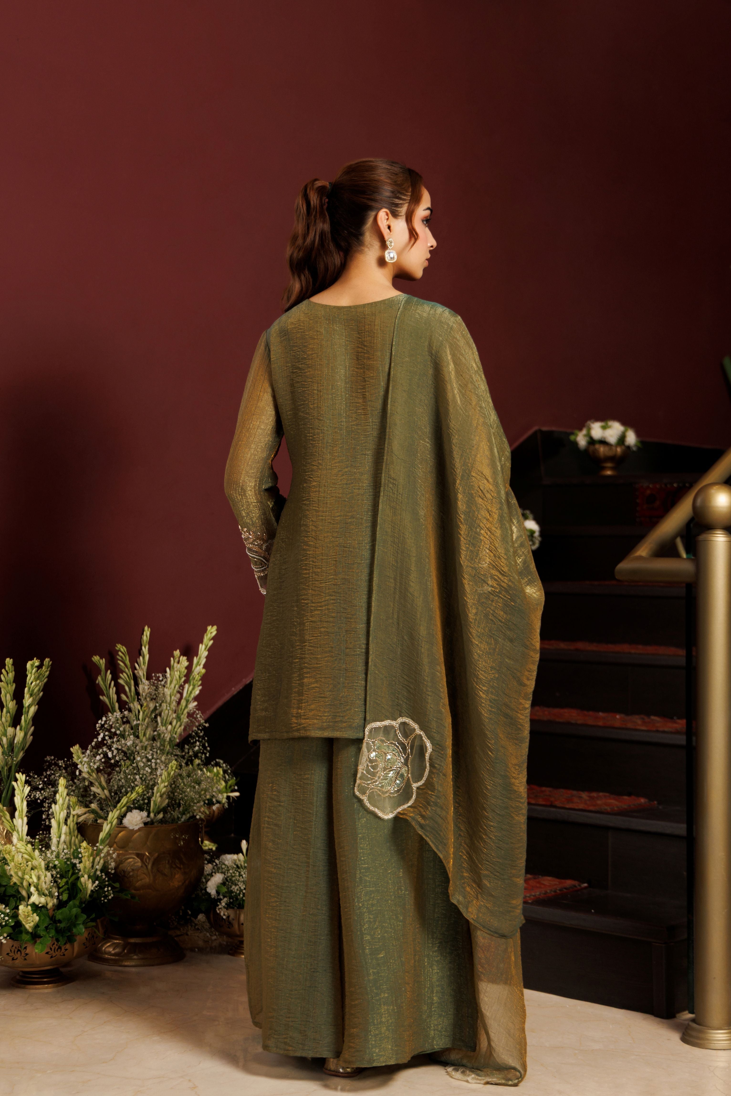 Laurel Green Embellished Shimmer Tissue Silk Palazzo Set