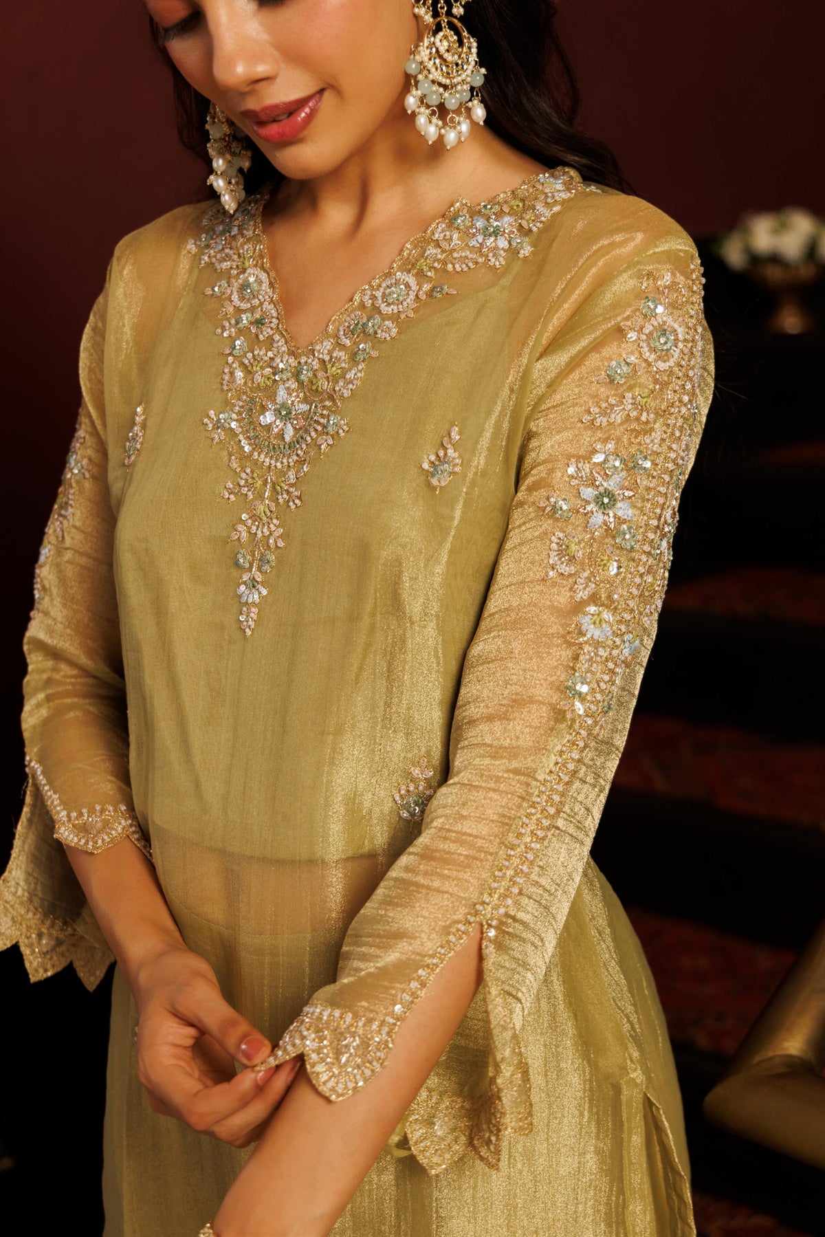 Sage Mist Embellished Shimmer Tissue Silk Pant Set