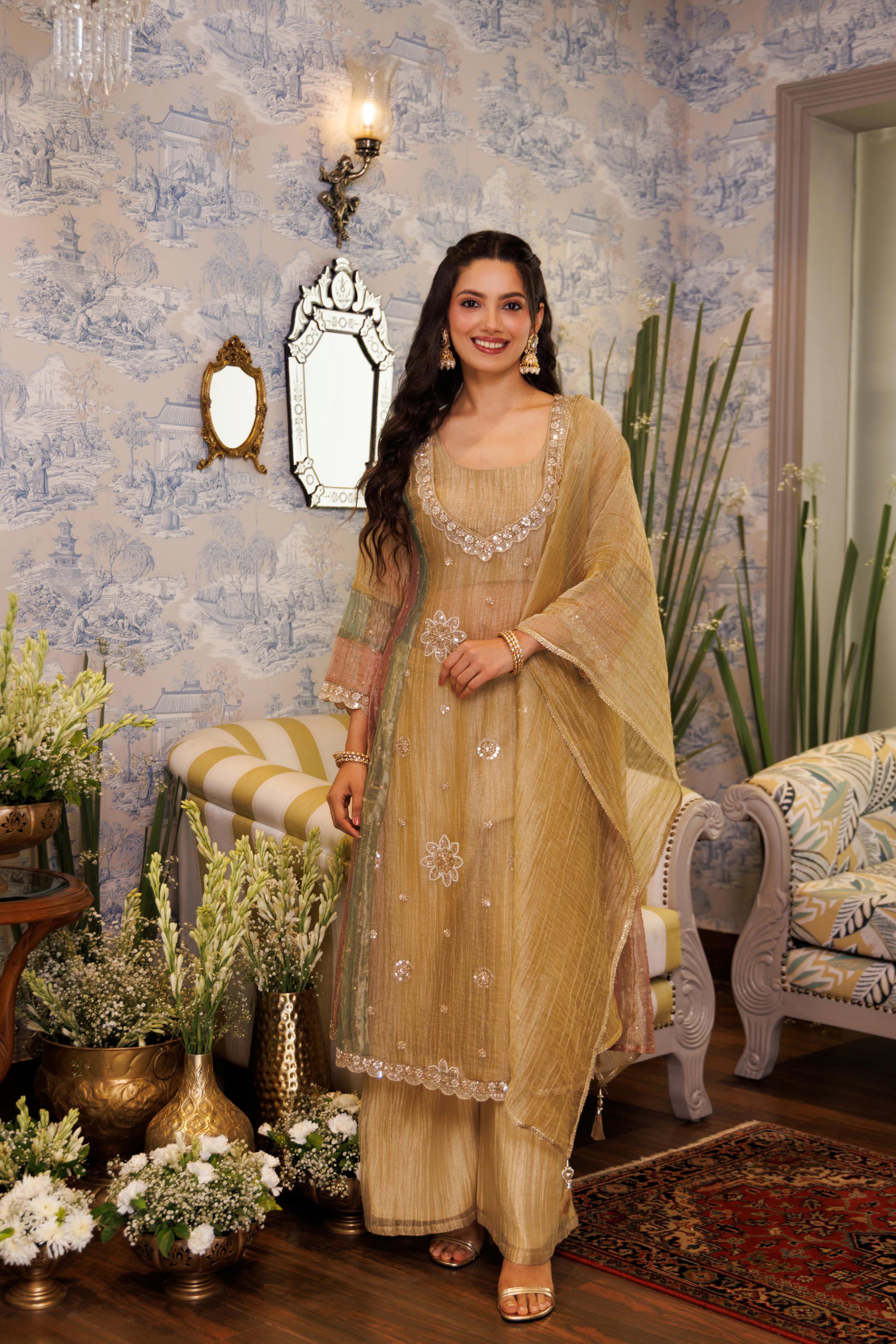 Champagne Gold Embellished Tissue Silk Palazzo Set