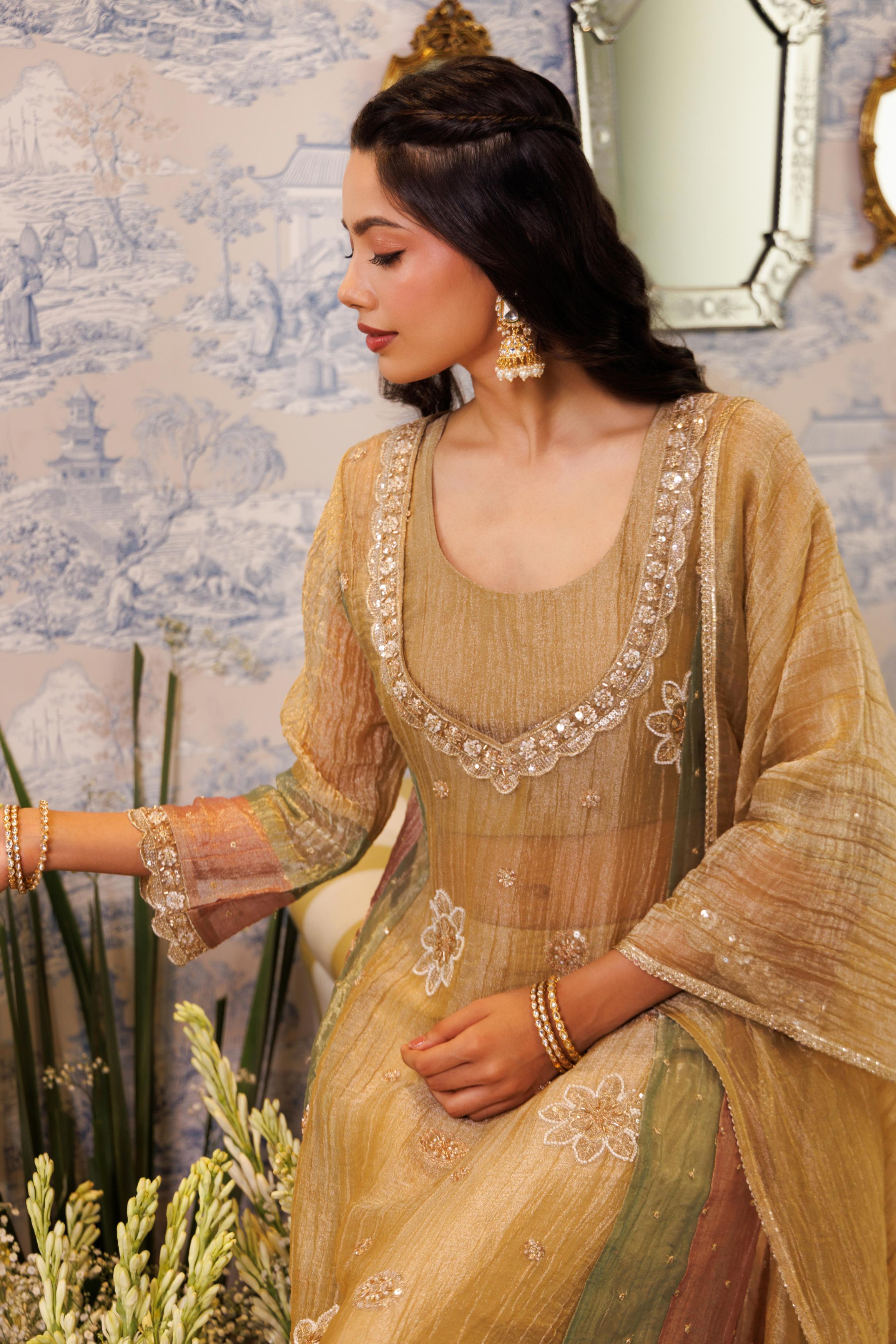 Champagne Gold Embellished Tissue Silk Palazzo Set