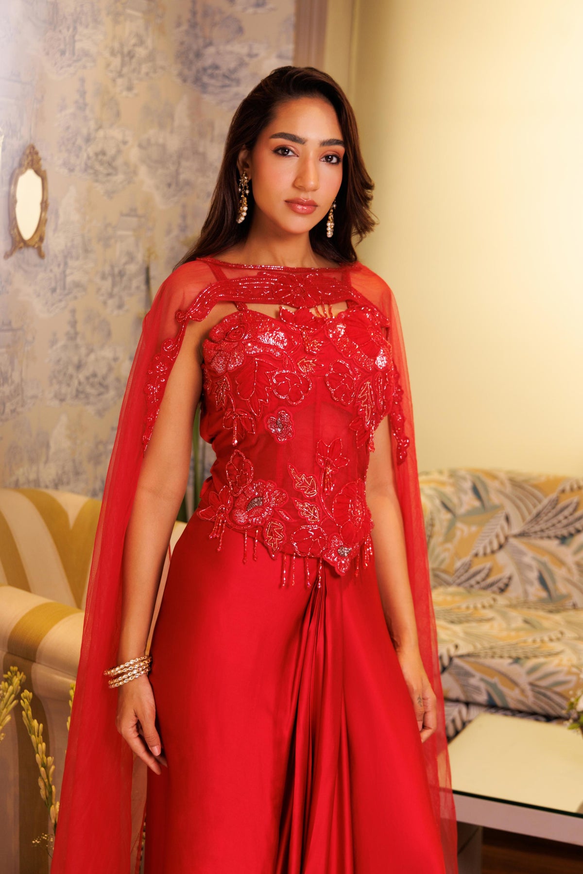 Crimson Red Embellished Satin Silk Skirt Set