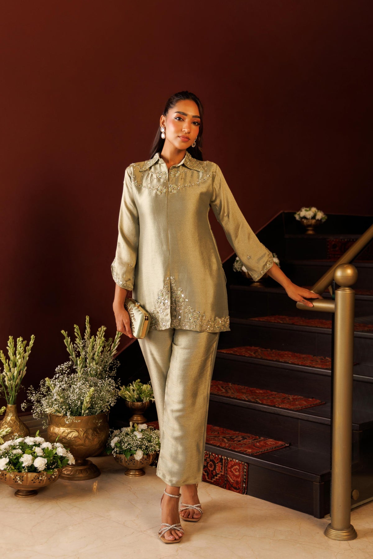 Sage Green Embellished Tissue Silk Pant Set