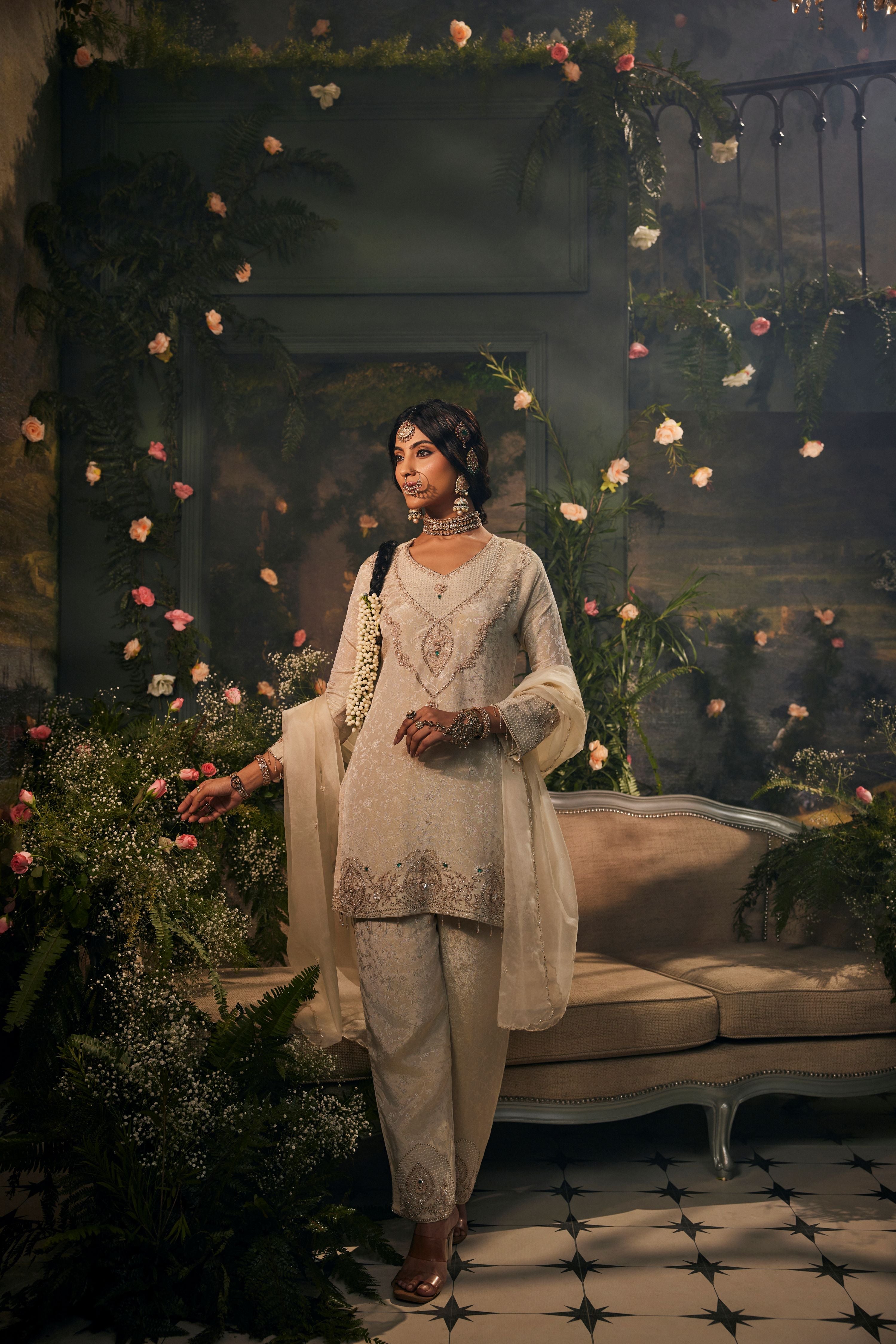 Milk Cream Embellished Brocade Silk Pant Set