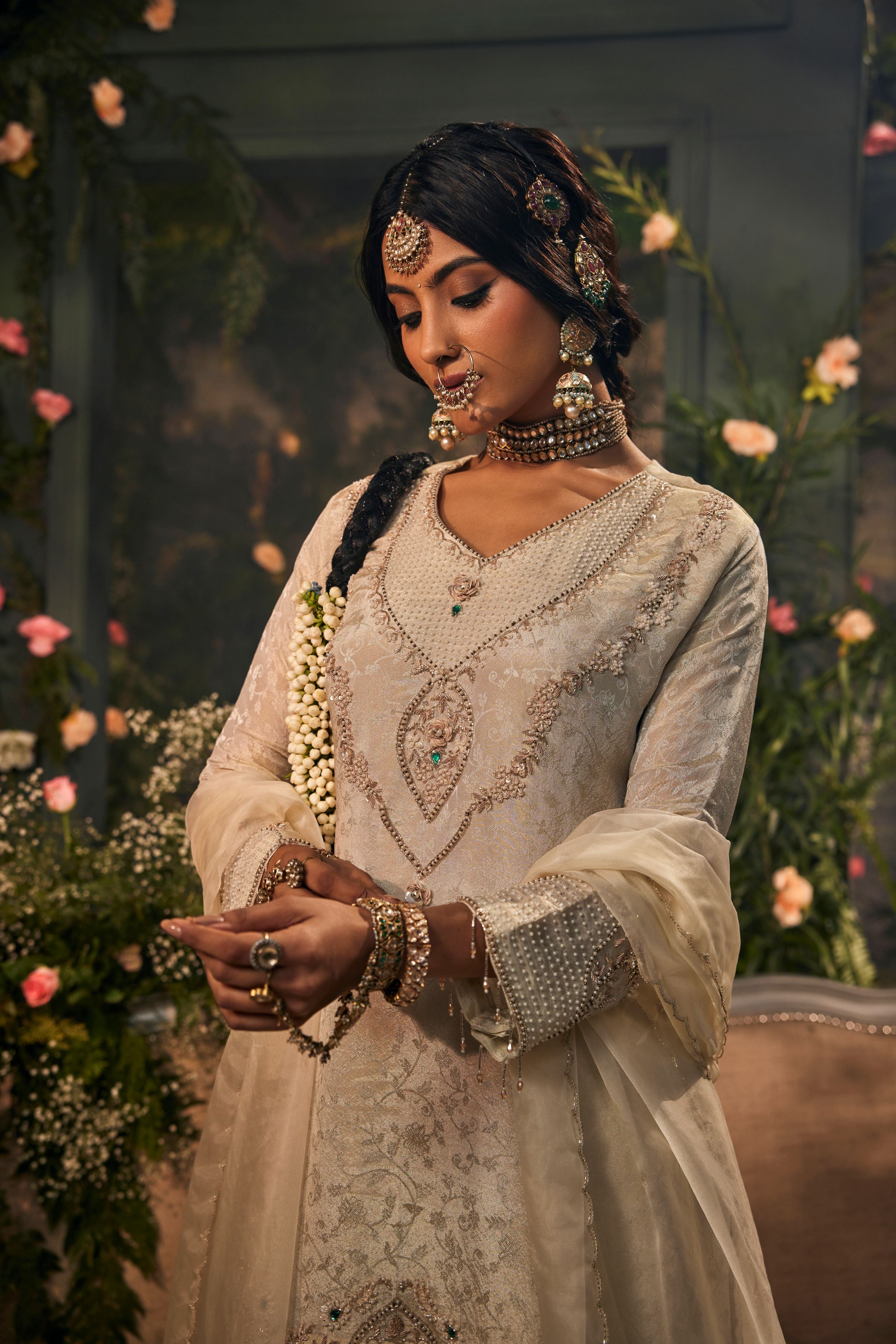 Milk Cream Embellished Brocade Silk Pant Set