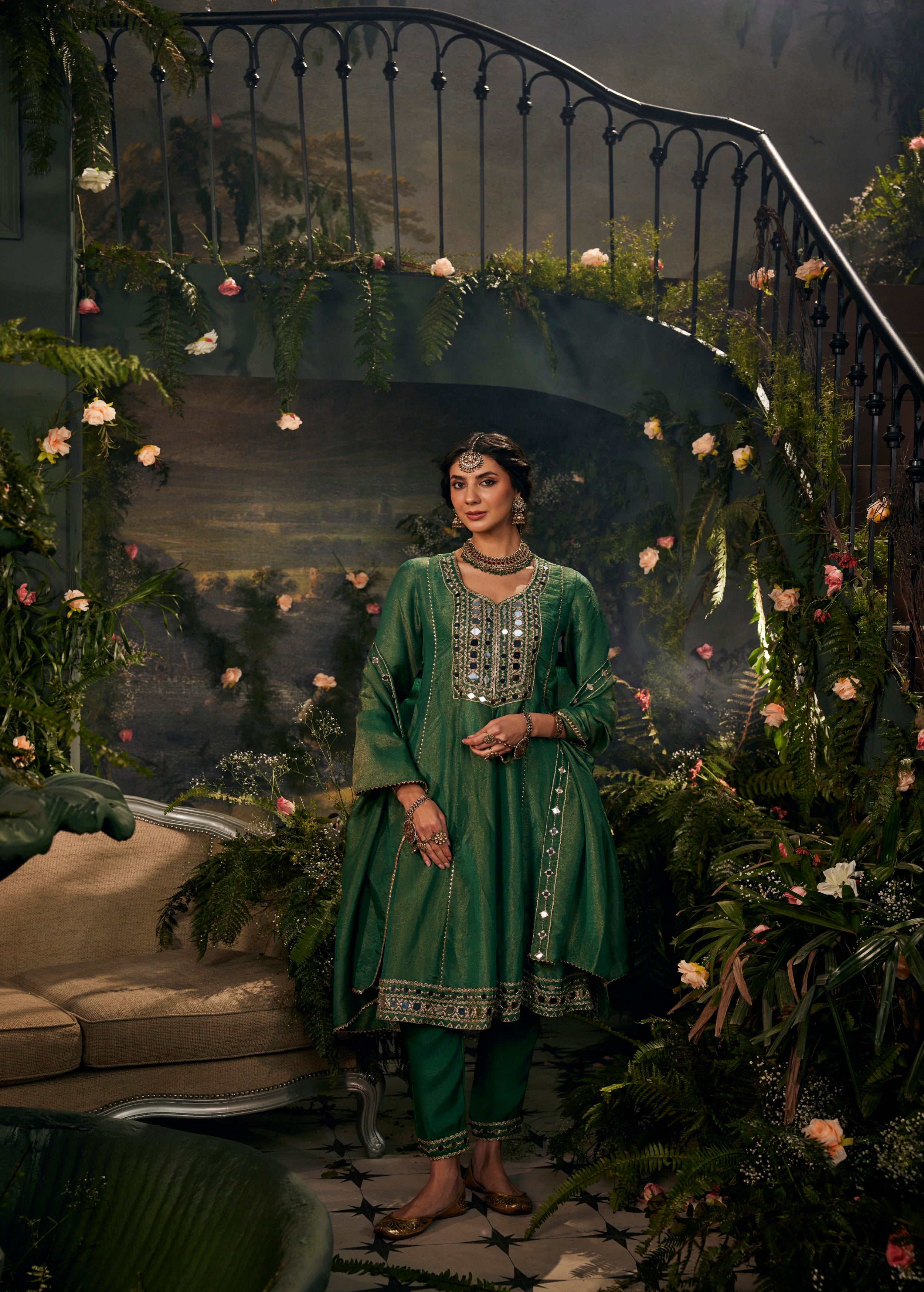Jade Green Embellished Shimmer Tissue Silk Anarkali Set
