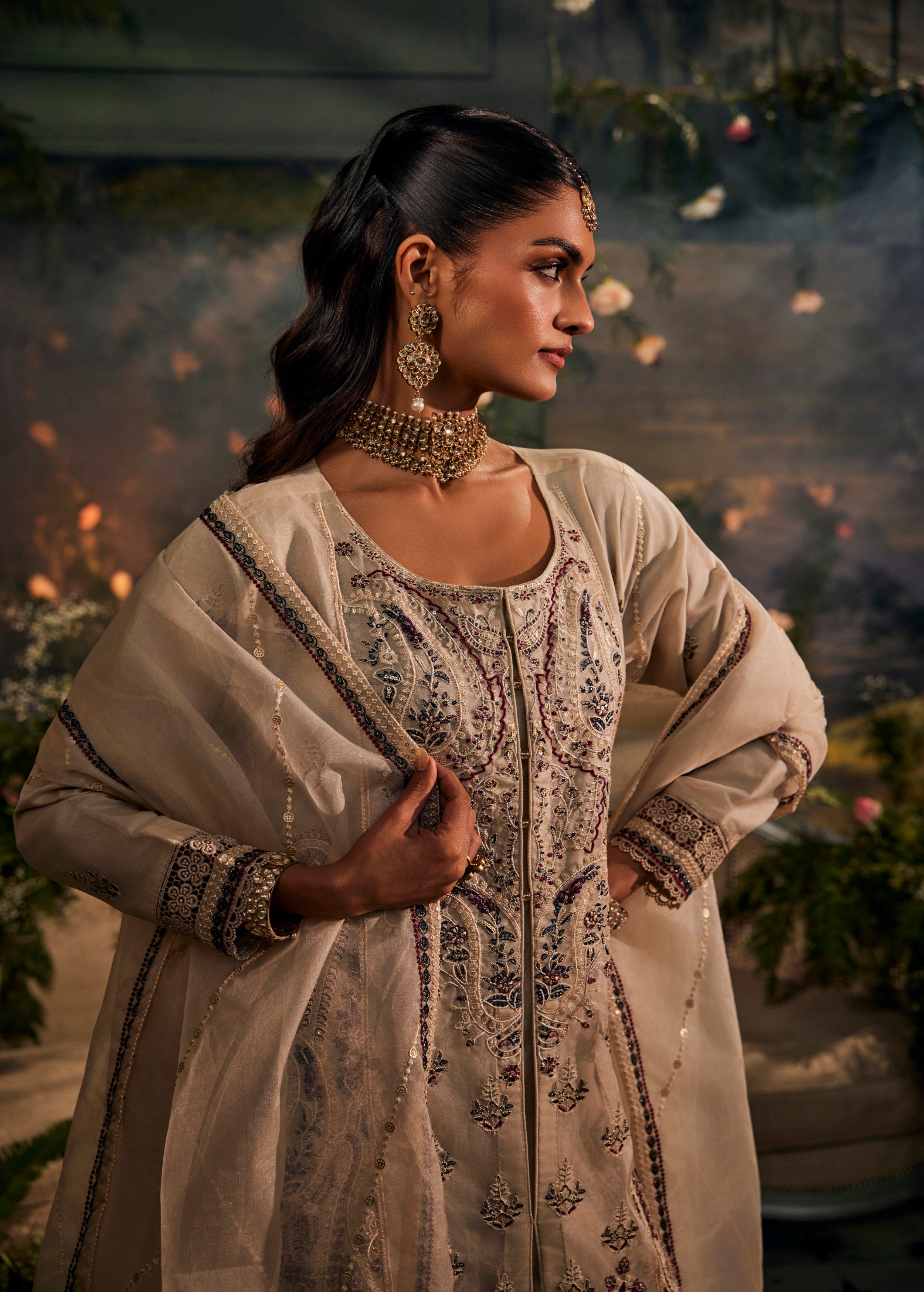 Champagne Beige Embroidered Organza Silk Pant Set