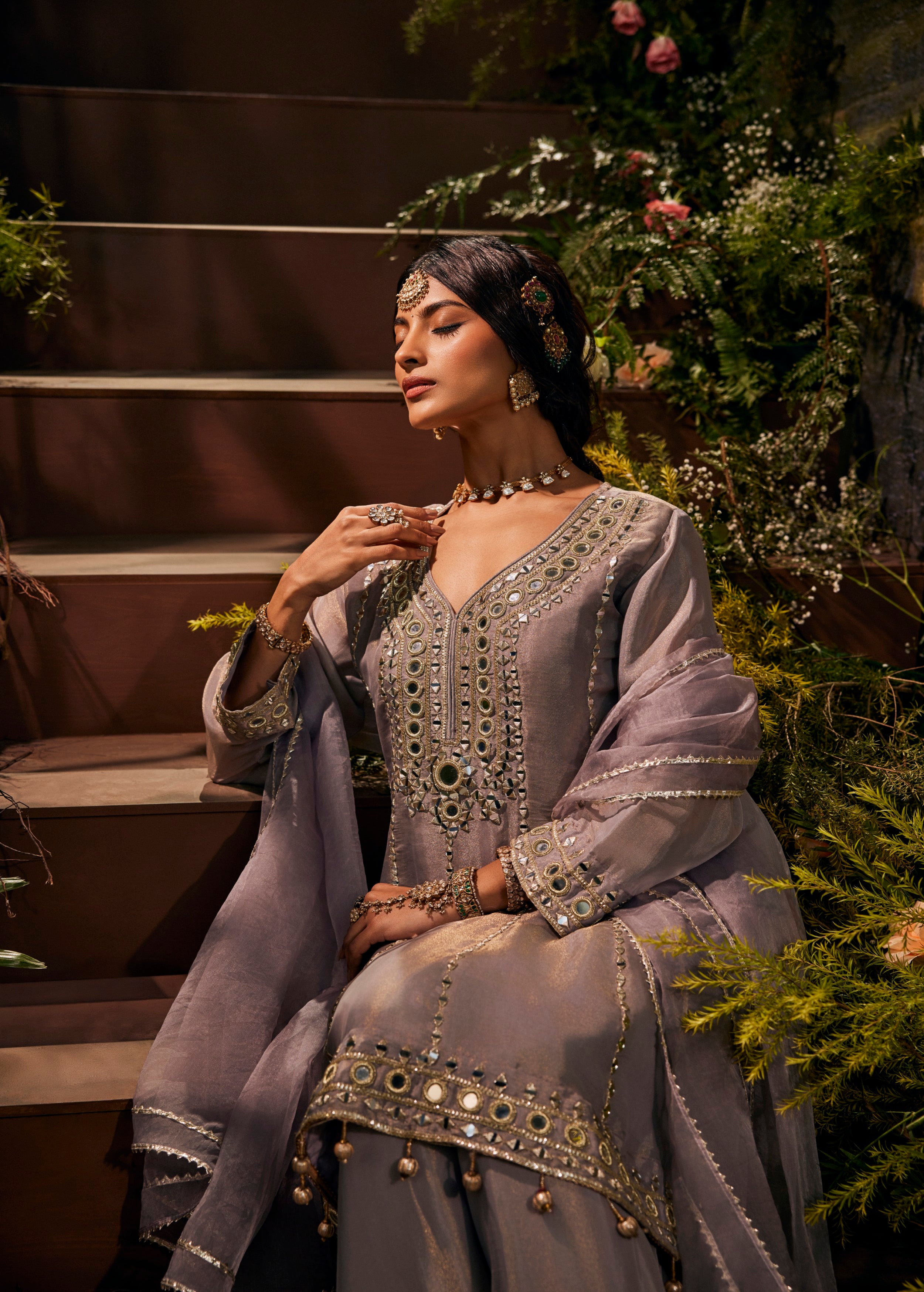 Slate Grey Embellished Shimmer Tissue Silk Palazzo Set