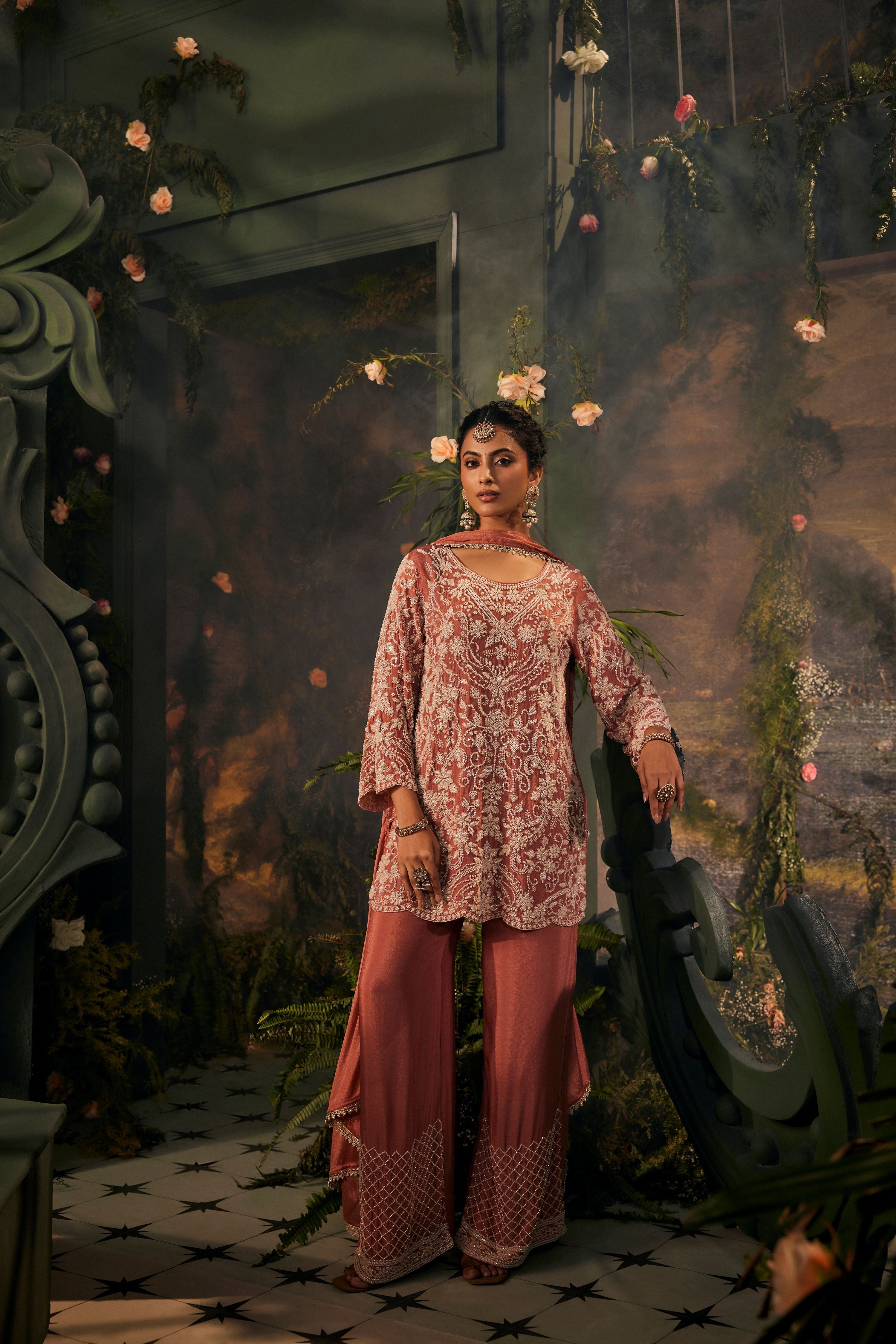 Coral Peach Embellished Crepe Silk Pant Set