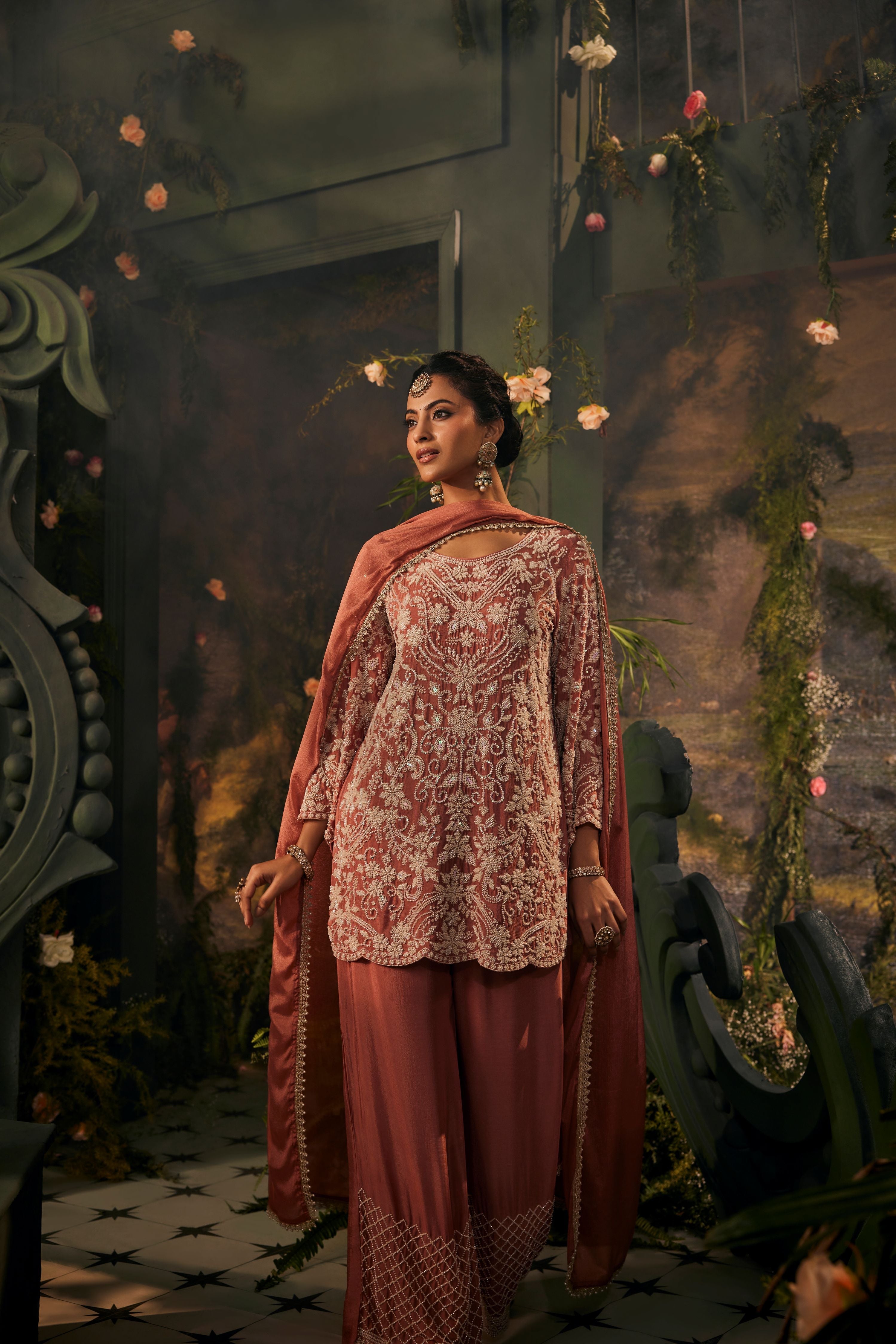Coral Peach Embellished Crepe Silk Pant Set