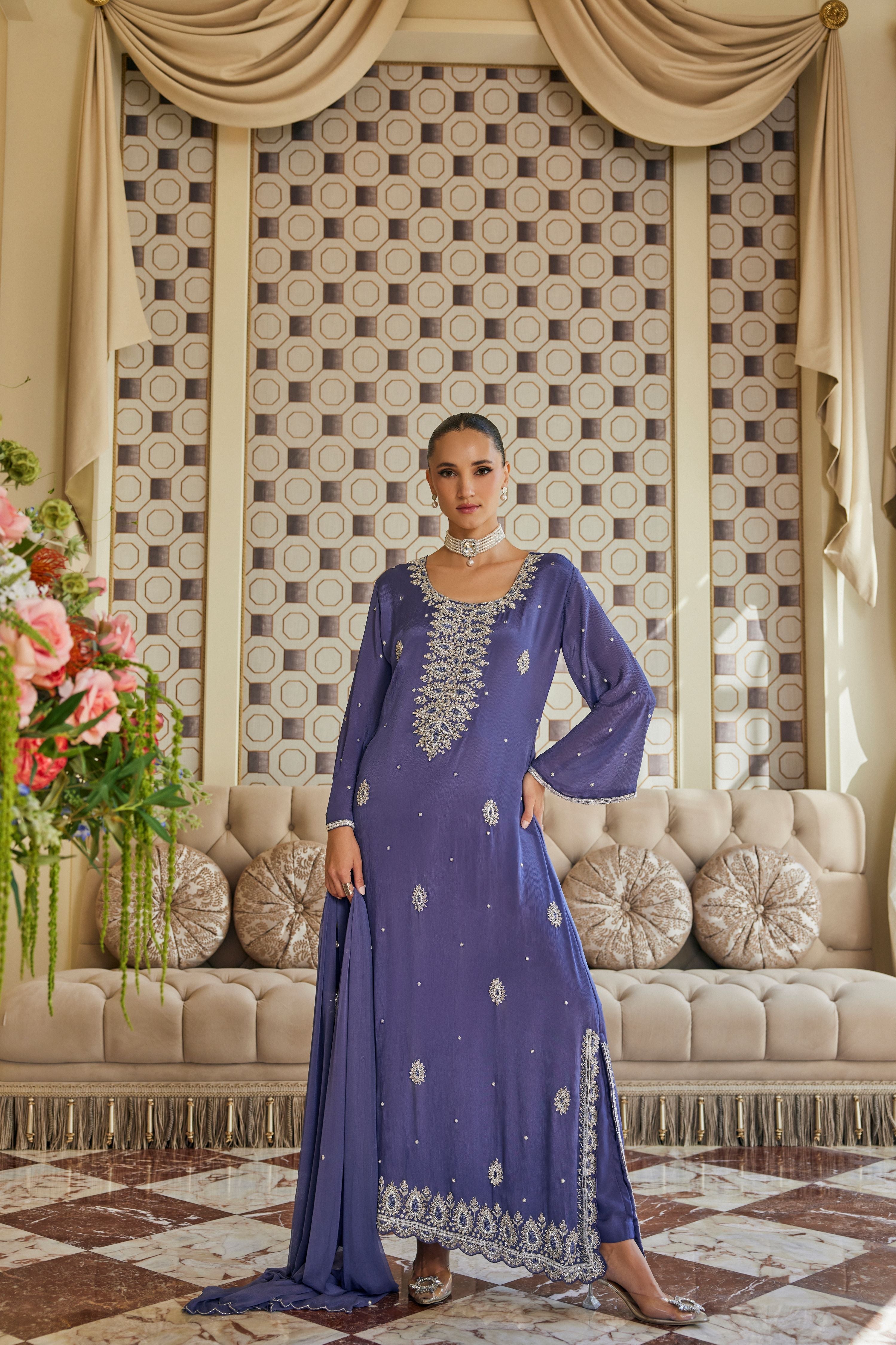 Meher Midnight Embellished Crepe Silk Pant Set