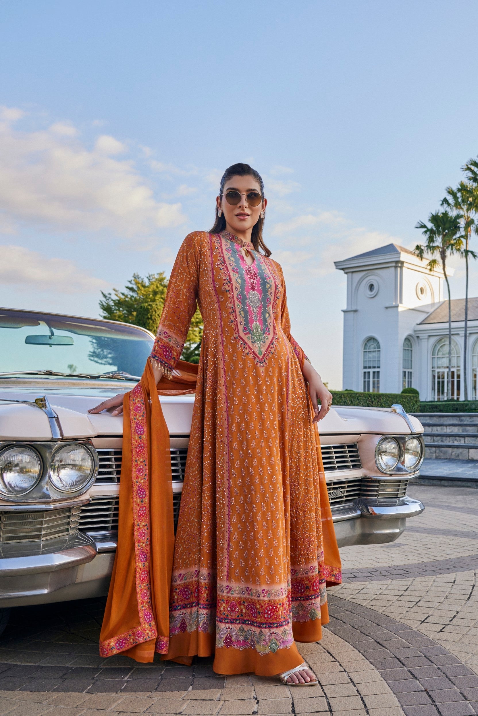 Rust Orange Embellished Muslin Silk Anarkali Set